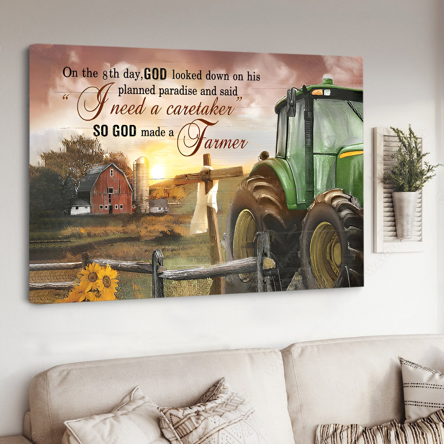 Green truck, Rustic farmhouse, So God made a farmer - Jesus Landscape Canvas Prints, Home Decor Wall Art