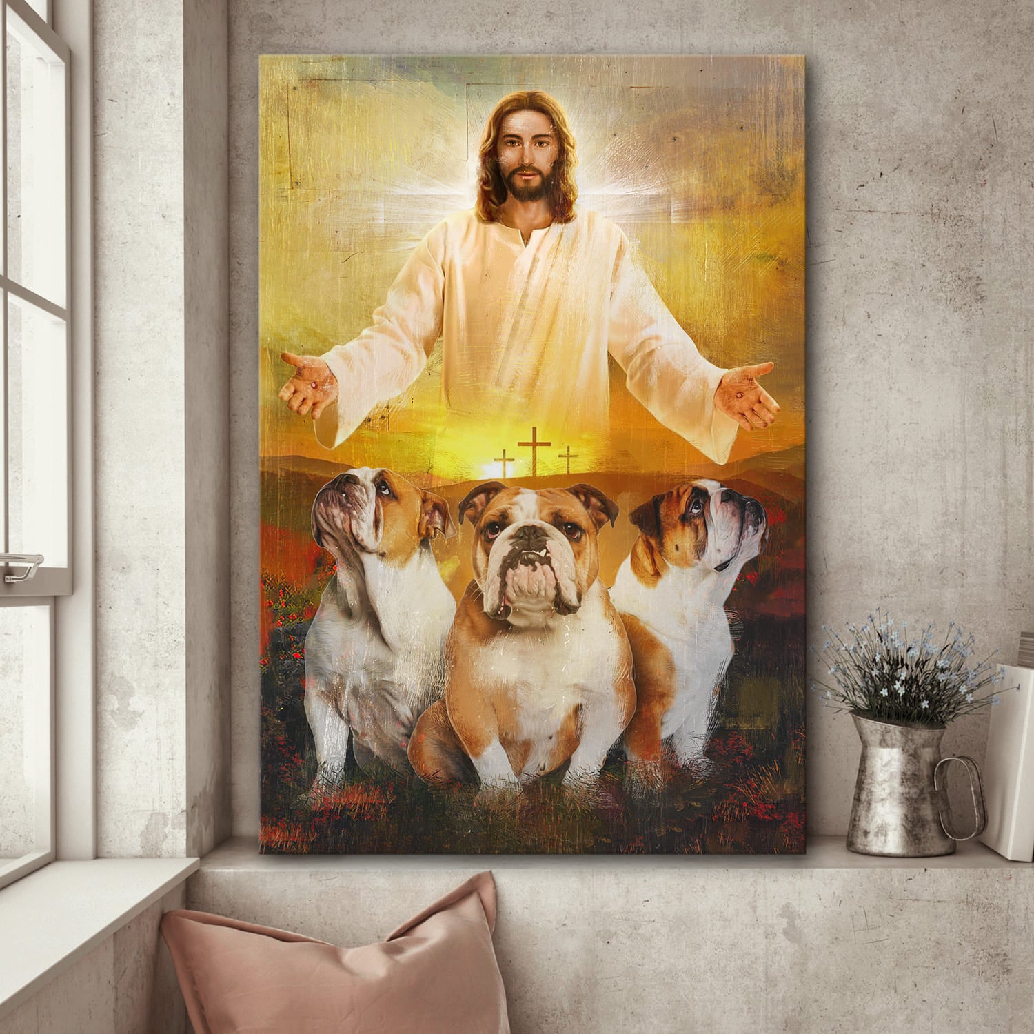 Bulldog - In the arms of Jesus - Dog Portrait Canvas Print - Wall Art