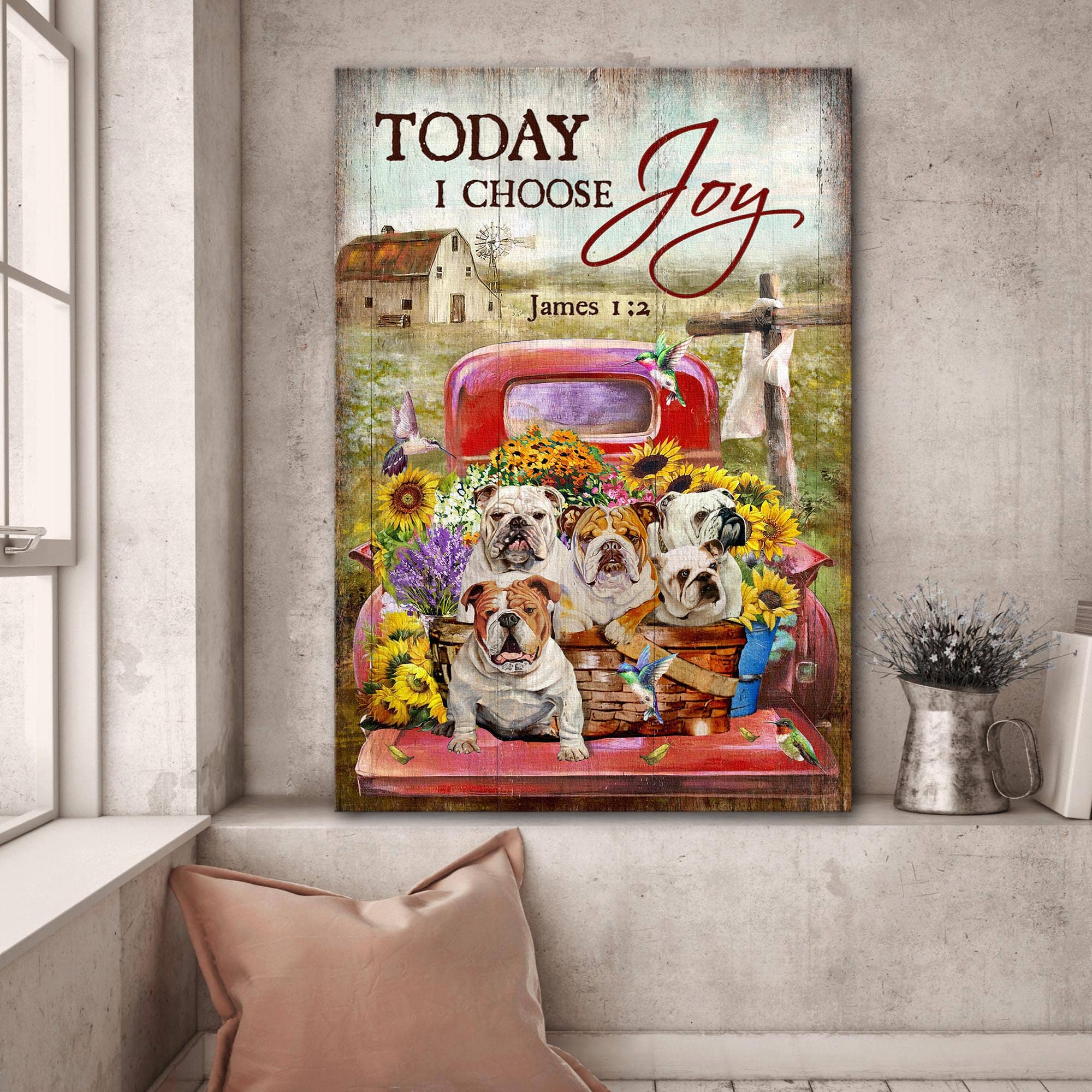 Bulldog, Sunflower car, Wooden Cross, Flower field, Today I choose Joy - Dog Portrait Canvas Prints, Wall Art