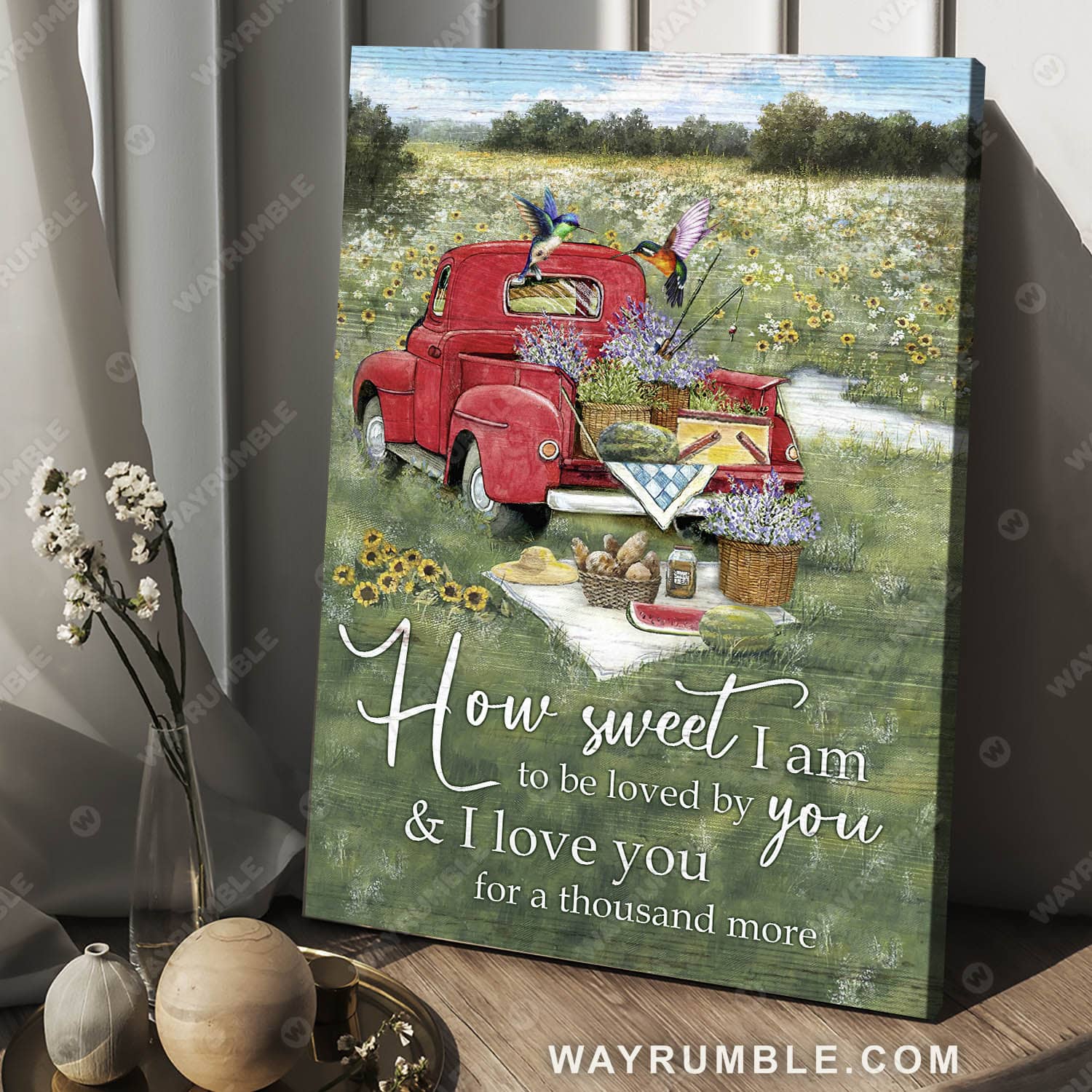A picnic, Red truck, On grass field, I love you for a thousand more - Couple Portrait Canvas Prints, Wall Art