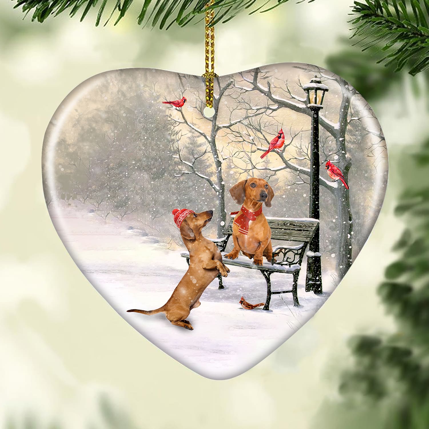 Dachshund, Winter park, On a date - Christmas Ceramic Heart Ornament
