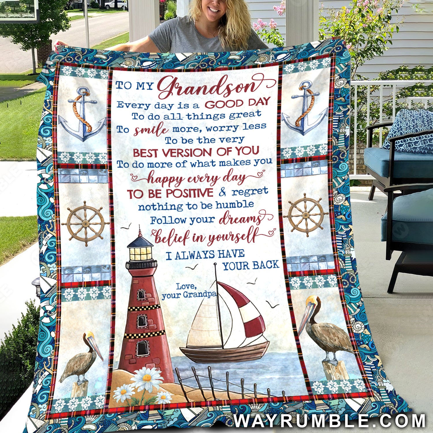 Grandpa to grandson, Red lighthouse, Boat painting, Blue ocean, I always have your back - Family Blanket