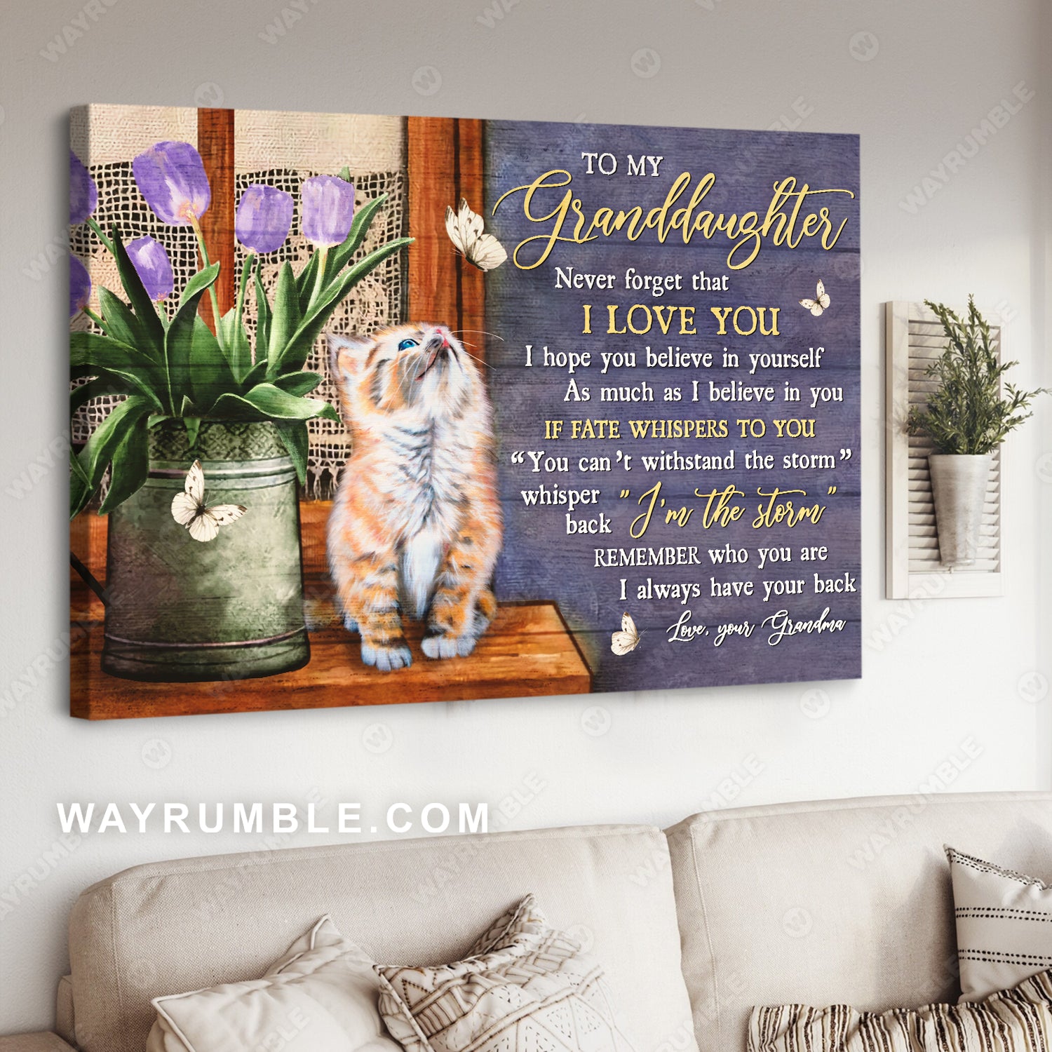 Grandma to granddaughter, Cat painting, Tulip flower, Never forget that I love you - Family Landscape Canvas Prints, Wall Art
