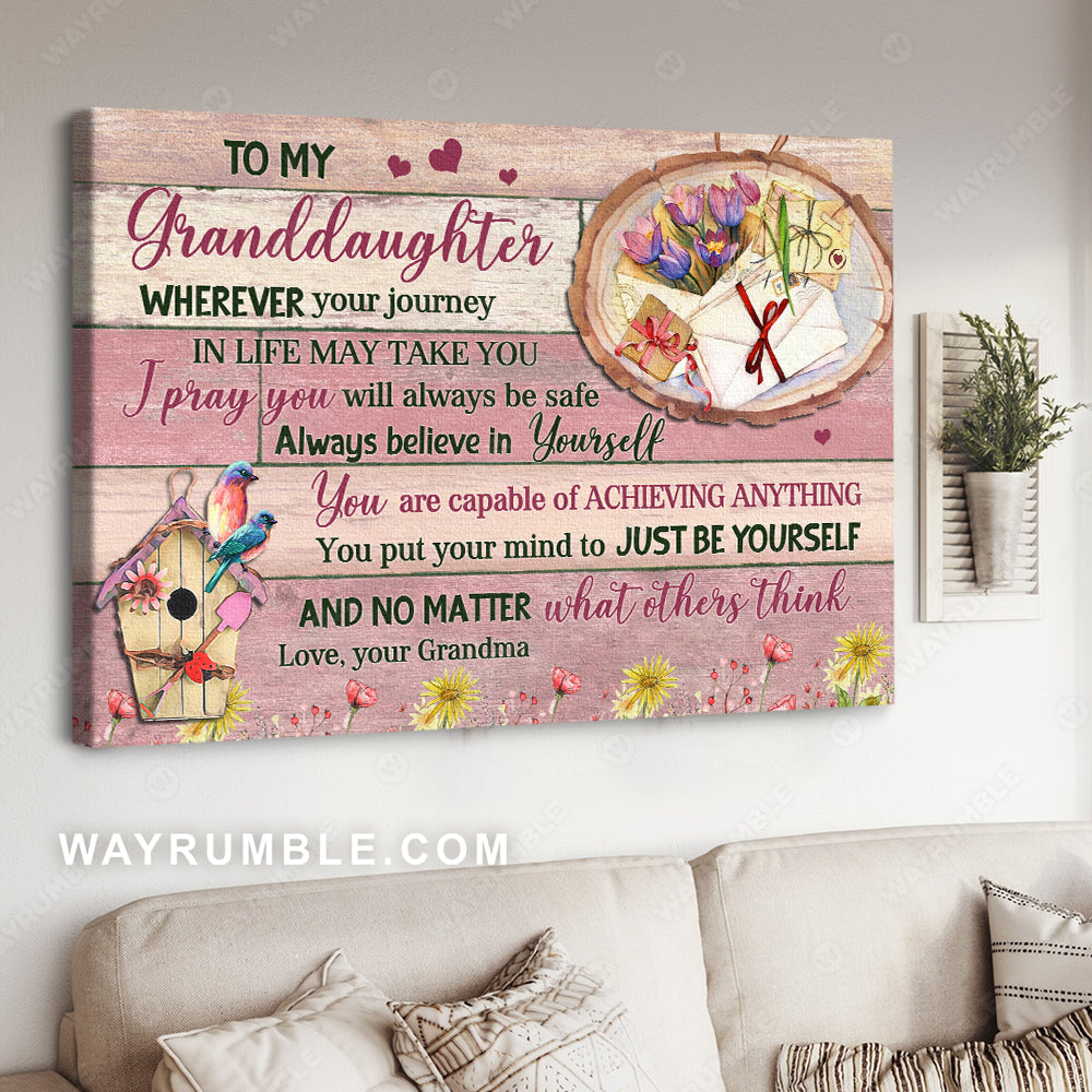 Grandma to granddaughter, Floral letters, Hummingbird, Pink background, Just be yourself- Family Landscape Canvas Prints, Wall Art