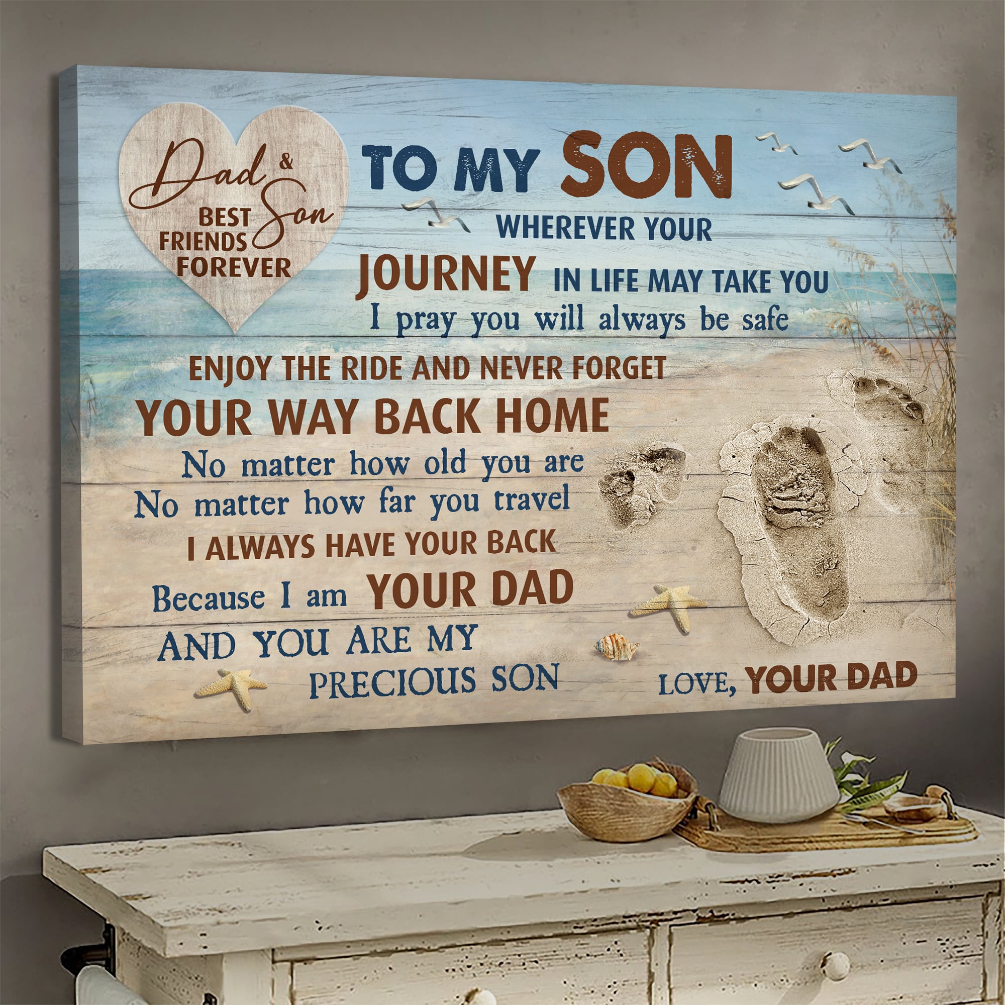 Dad to son - Footprint on the beach - Enjoy the ride and don't forget your way back home - Family Landscape Canvas Print - Wall Art