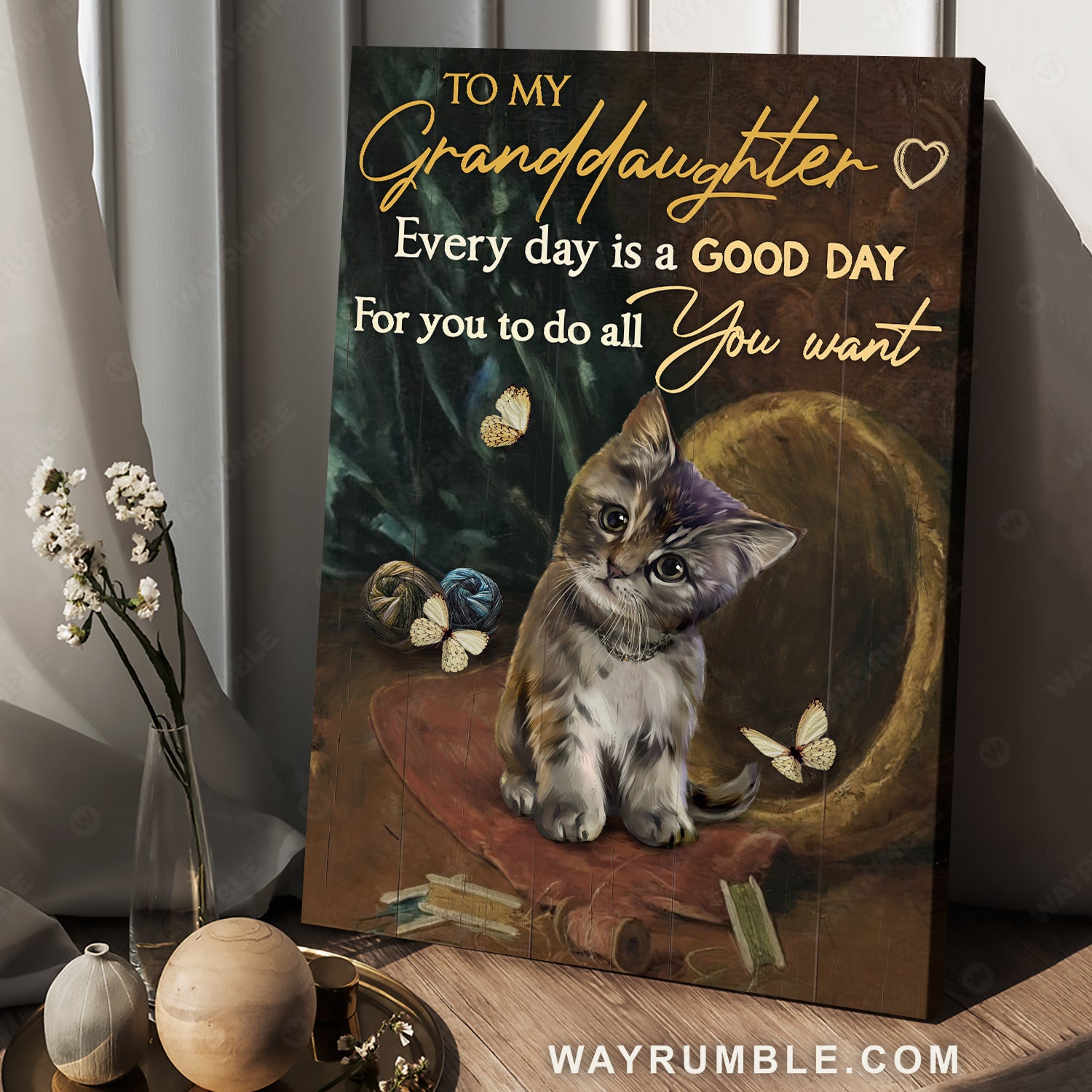 Grandma to granddaughter, Little cat, Yellow butterfly, Every day is a good day - Family Portrait Canvas Prints, Wall Art