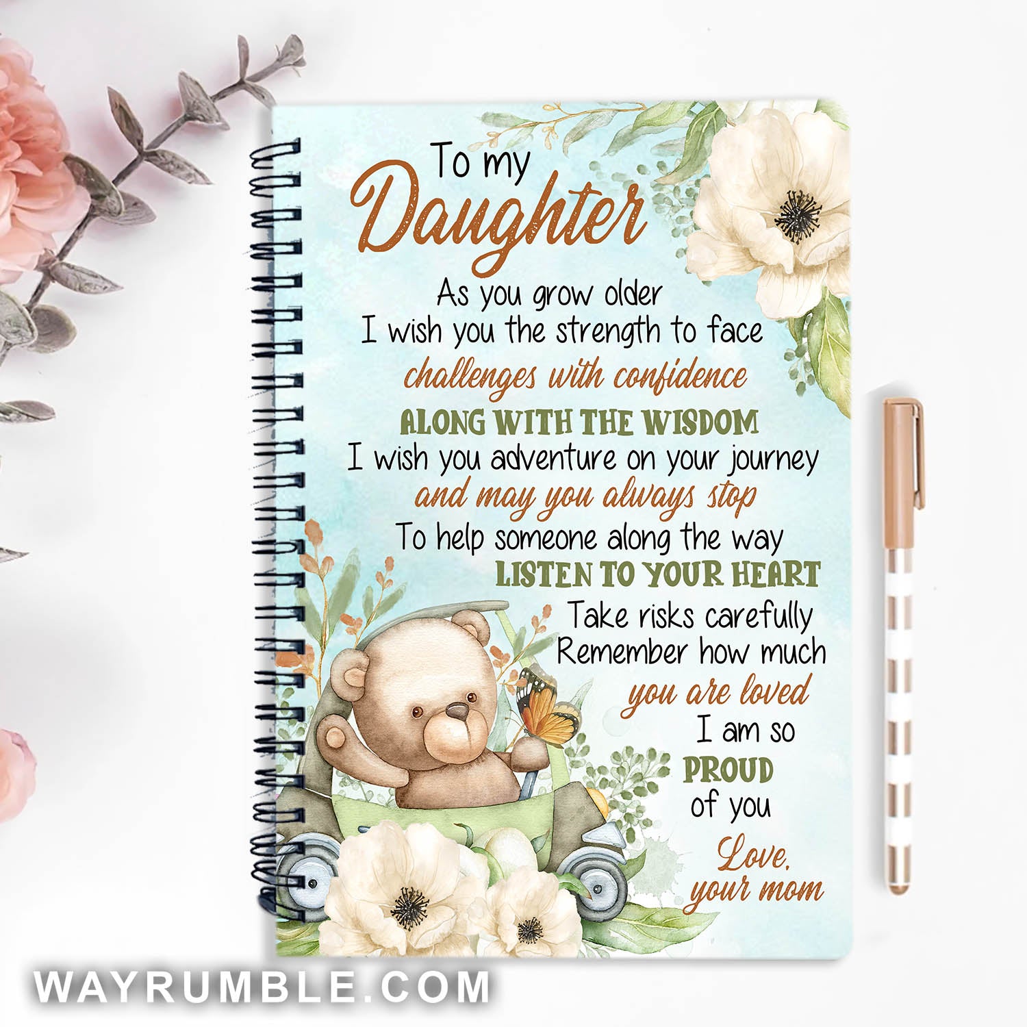 Mom to daughter, Teddy bear, White poppy flower, I am so proud of you - Family Spiral Journal