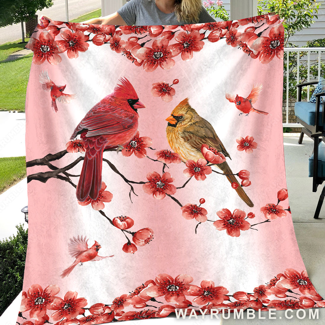 Watercolor cardinal, Red peach blossom, Flower frame, Spring drawing - Heaven Blanket