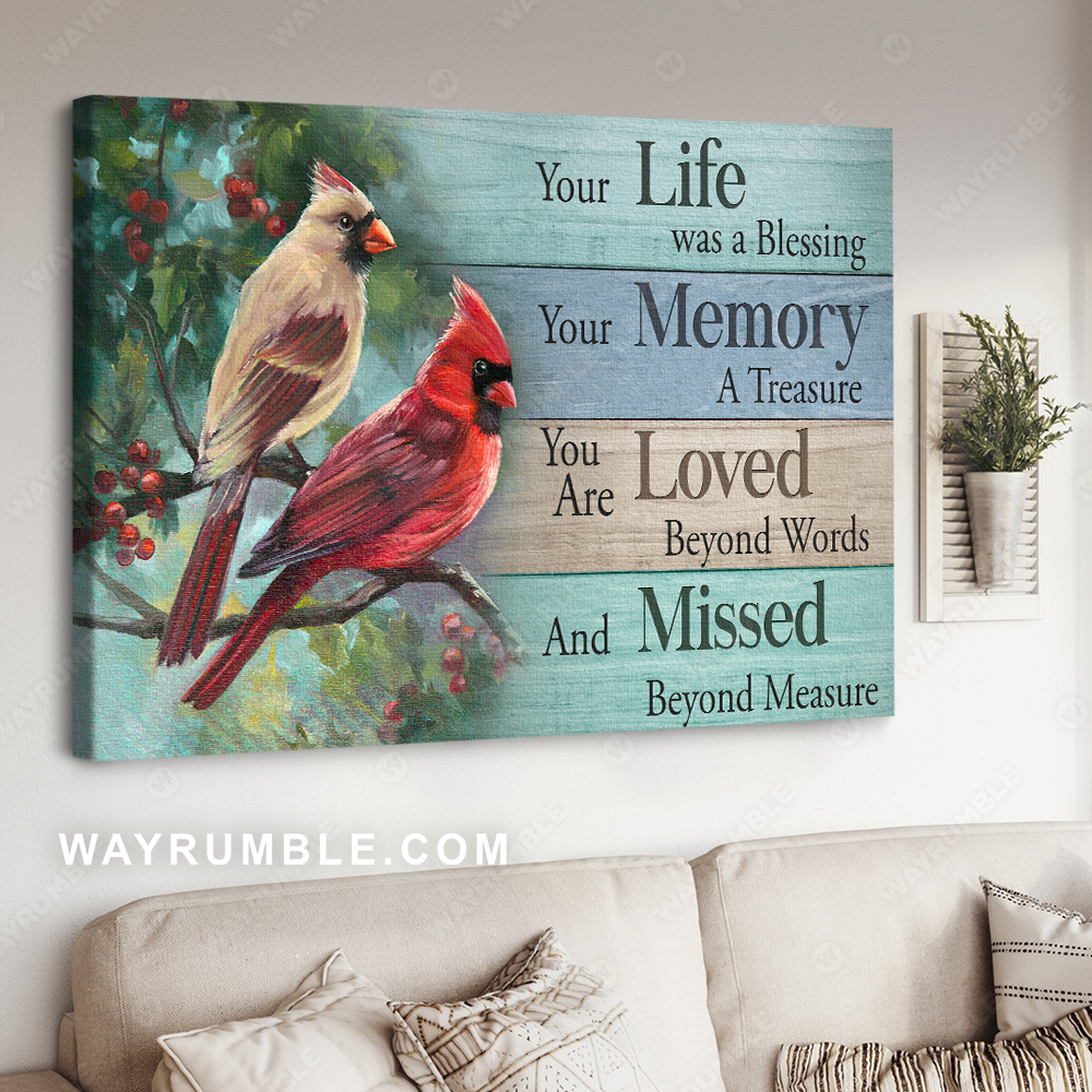 Watercolor cardinal, Cranberry tree, Nature artwork, You life was a blessing - Heaven Landscape Canvas Prints, Wall Art