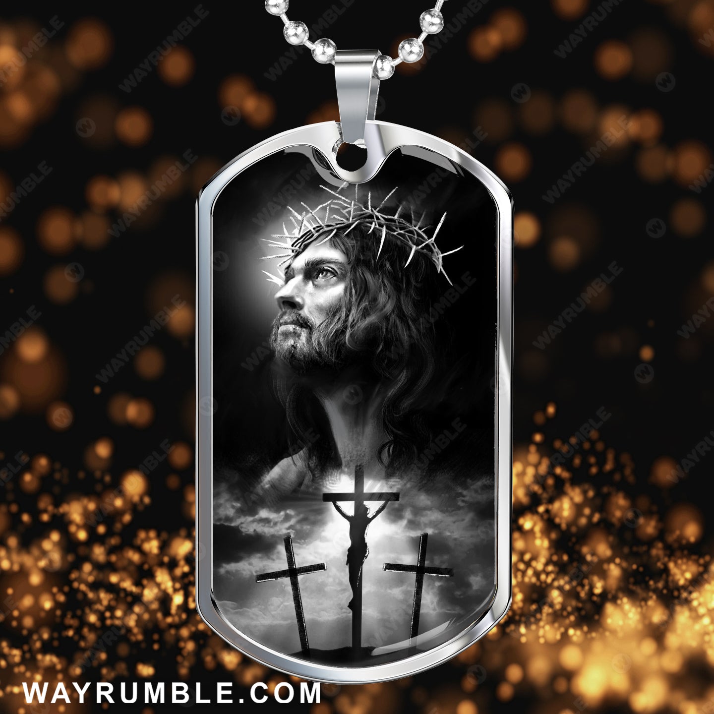 Real face of Jesus, Black and white painting, Wooden cross, Crown of thorn - Jesus Dog Tag