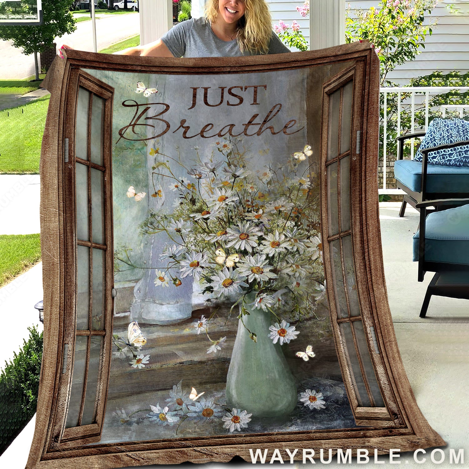 Watercolor daisy, Beautiful butterfly, Vintage window, Just breathe - Jesus Blanket