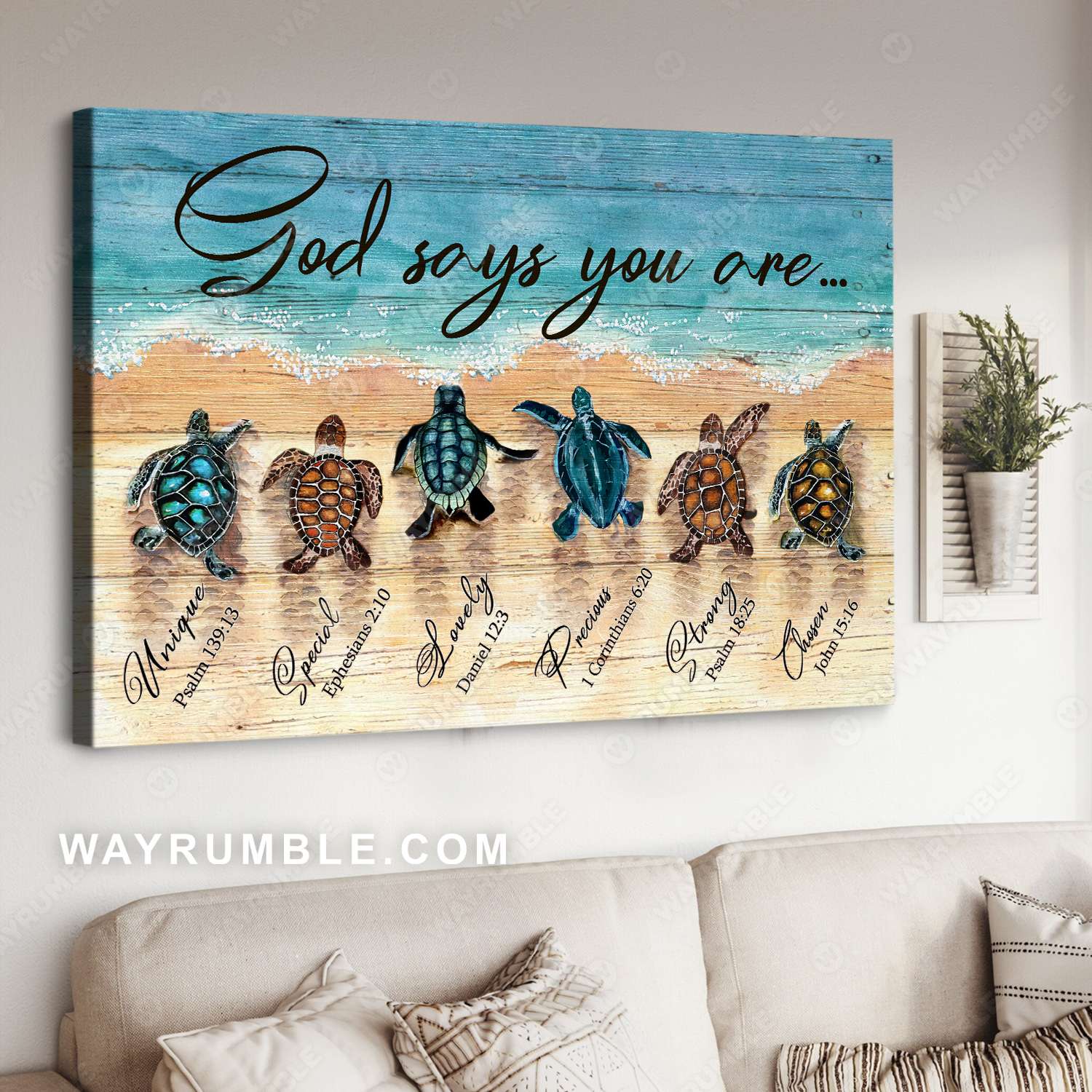 Sea turtle, Sand beach painting, God says you are beautiful and unique - Jesus Landscape Canvas Prints, Wall Art