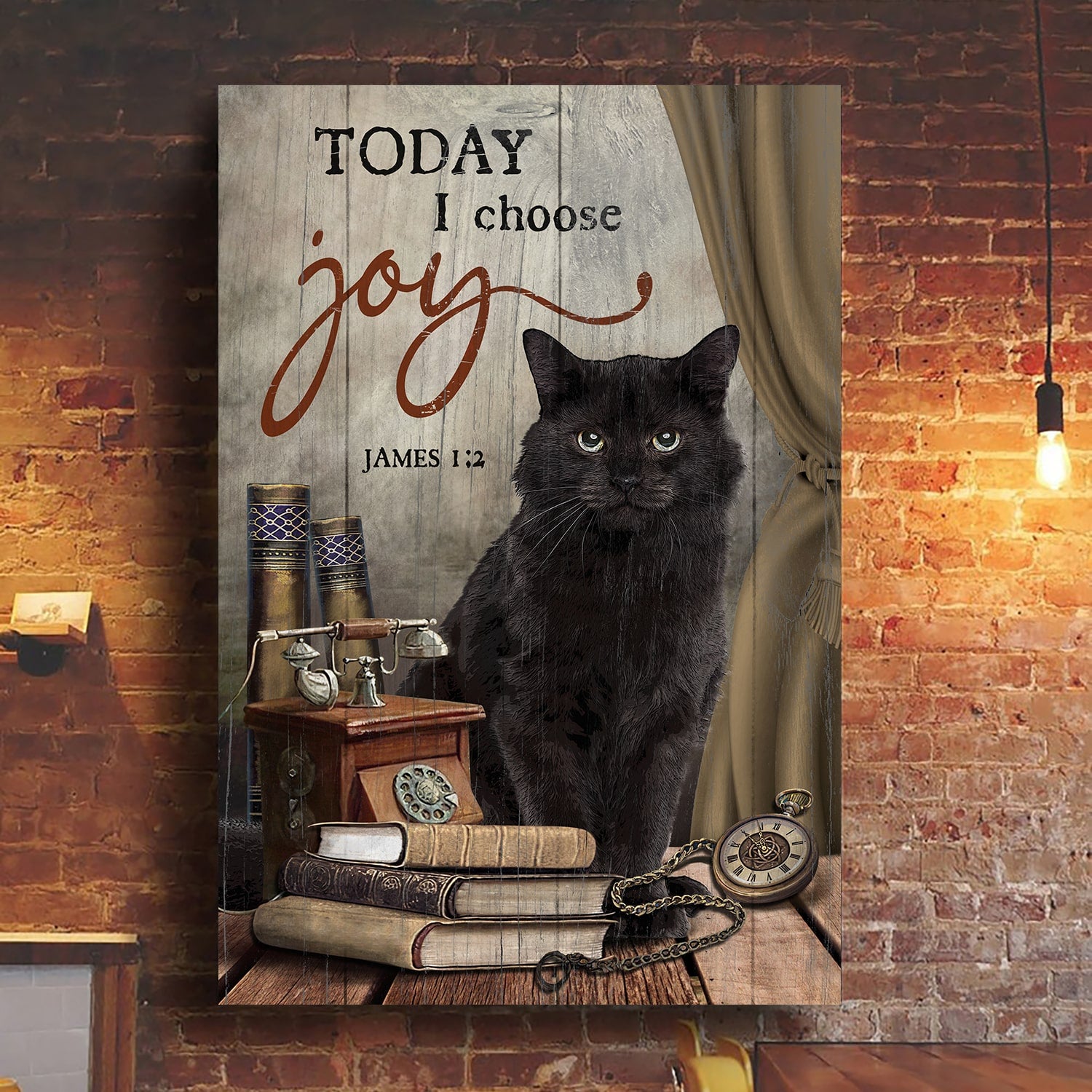 Black cat, Telephone, Clock, Books, Today I choose Joy - Jesus Portrait Canvas Prints, Wall Art