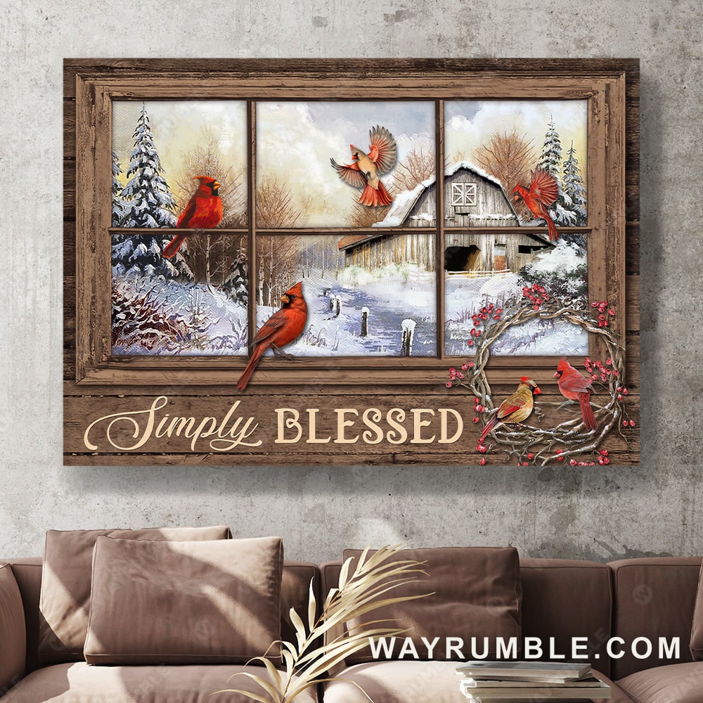 Red cardinal drawing, White snow, Winter forest, Cranberry wreath, Simply blessed - Jesus Landscape Canvas Prints, Christian Wall Art