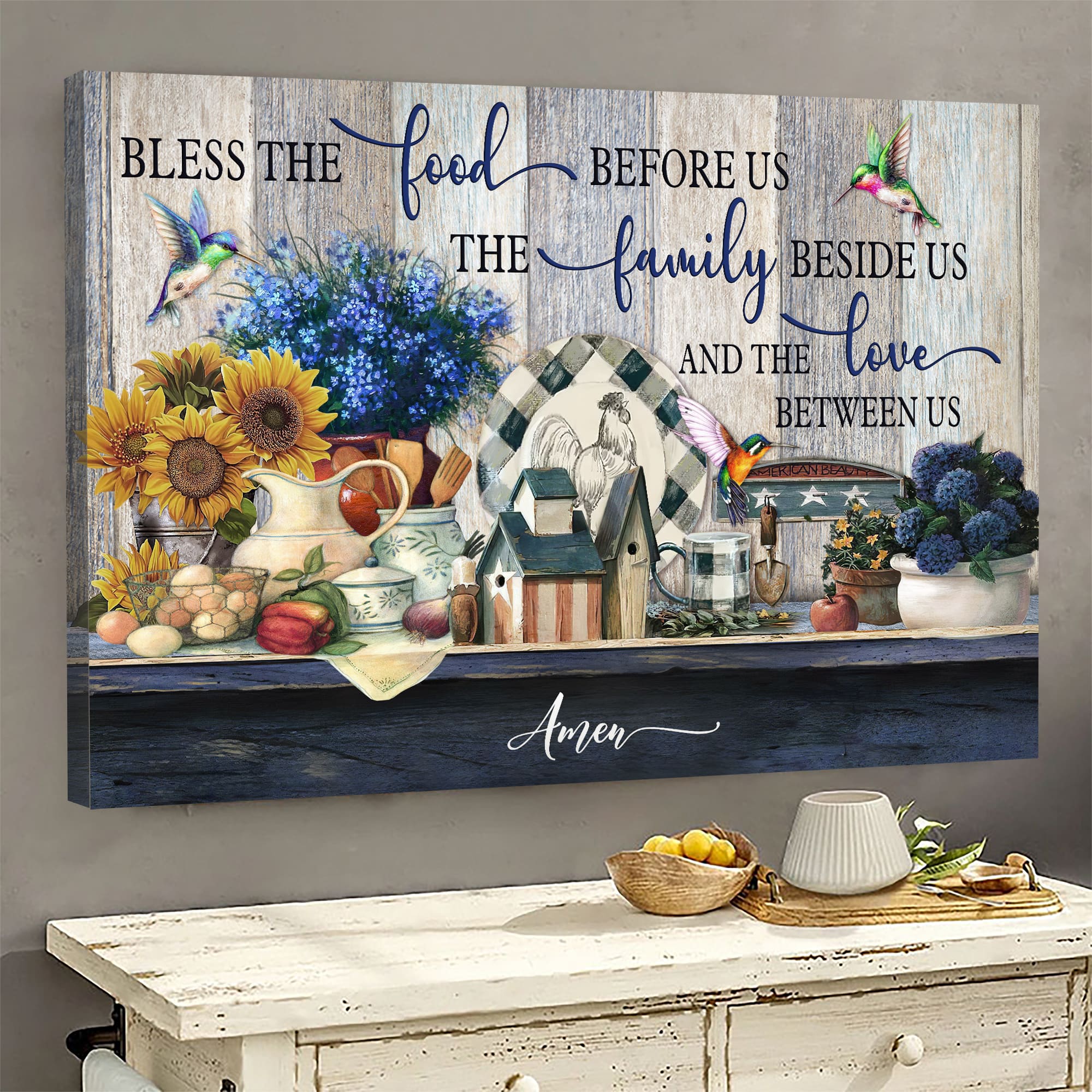 Kitchen painting, Blue flower, Bless the food before us & the love between us - Jesus Landscape Canvas Prints, Wall Art