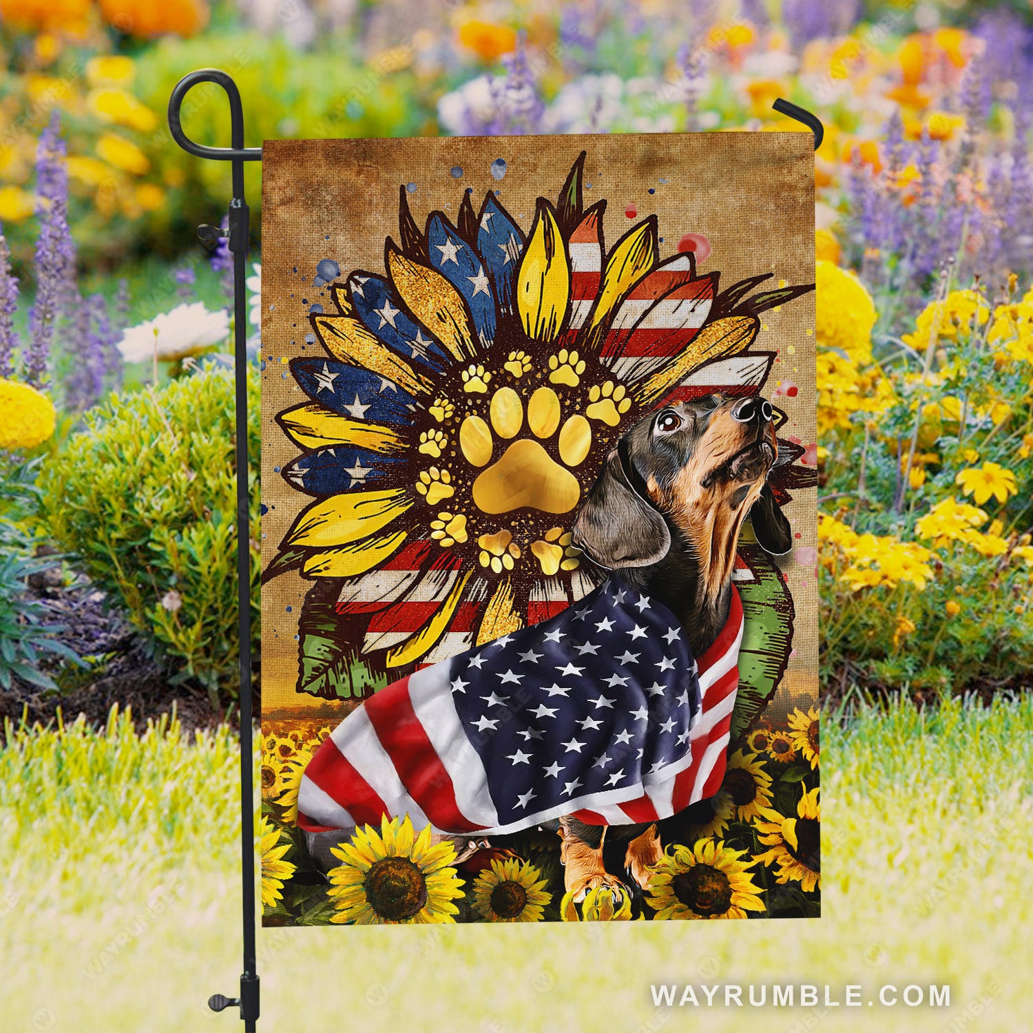 Dachshund dog, Sunflower garden, Pawprint, USA flag - Jesus Flag