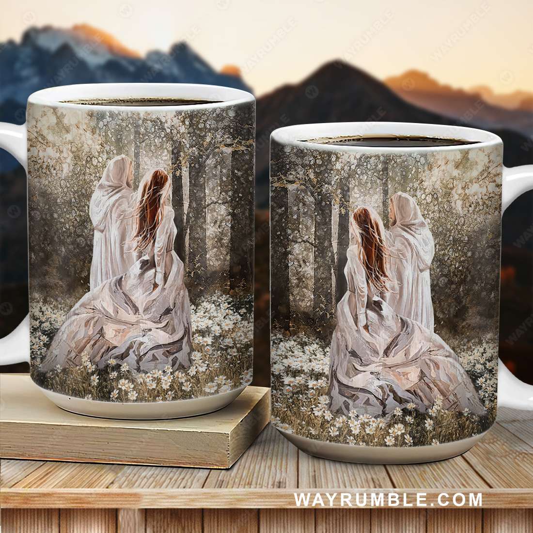Walking with Jesus, Beautiful girl painting, In the forest, Among the flower field - Jesus AOP Mug