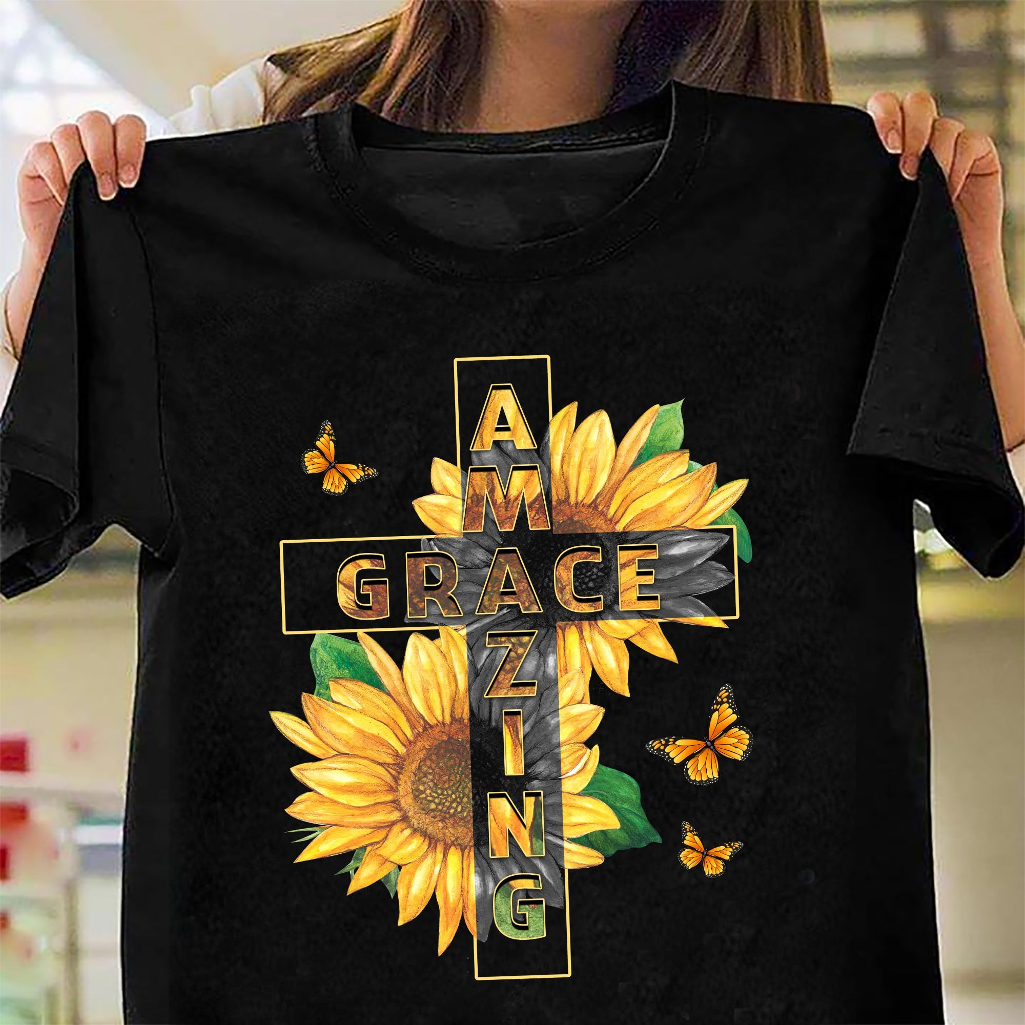 Sunflower, The cross, Amazing Grace - Jesus Black Apparel