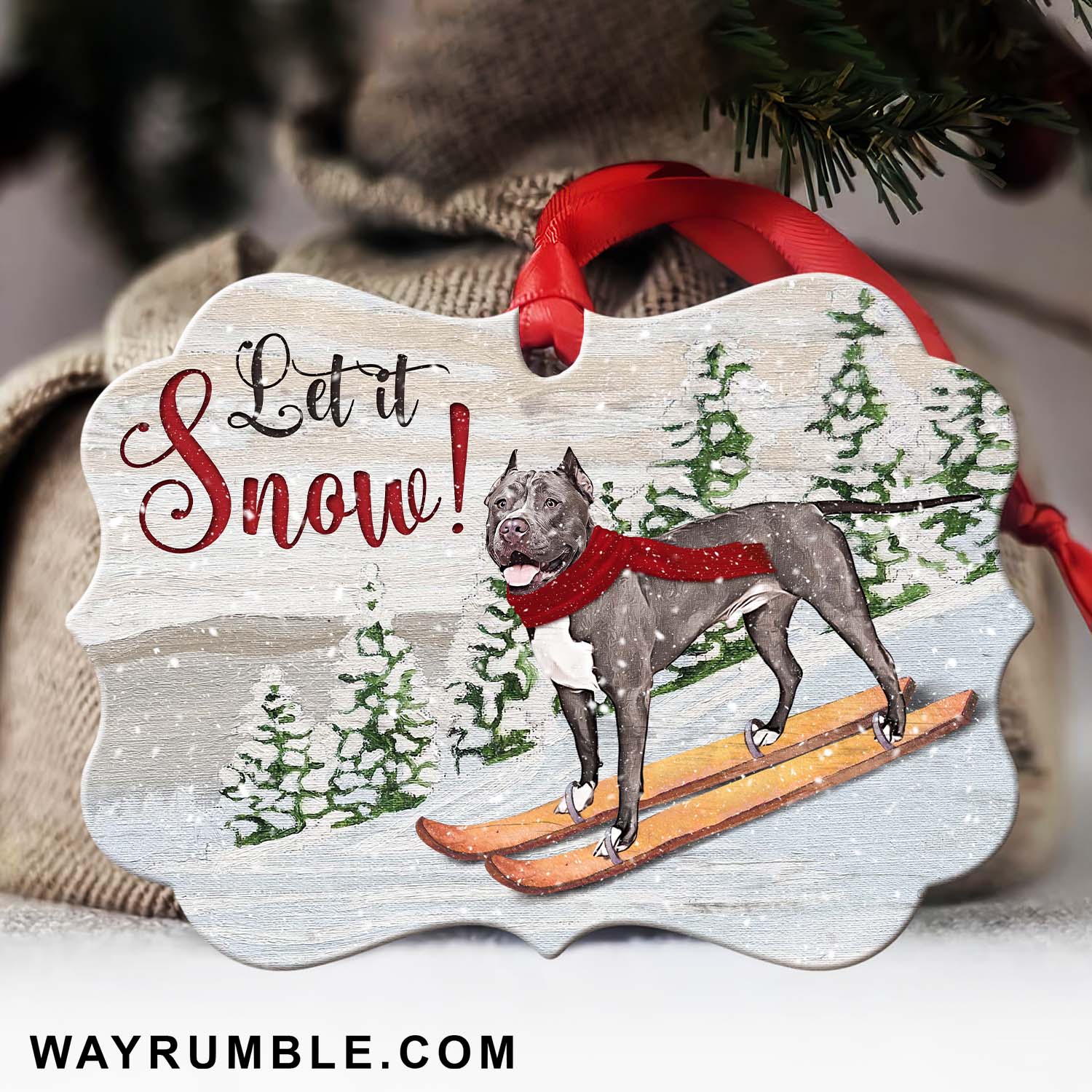 American Pitbull with snow, Christmas tree, Let it snow - Pitbull Aluminum Ornament