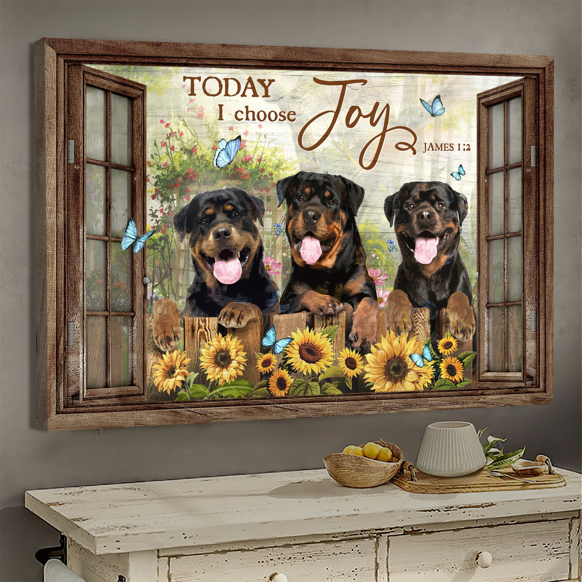Rottweiler, Sunflower painting, Wooden window, Today I choose joy - Rottweiler Landscape Canvas Prints, Wall Art