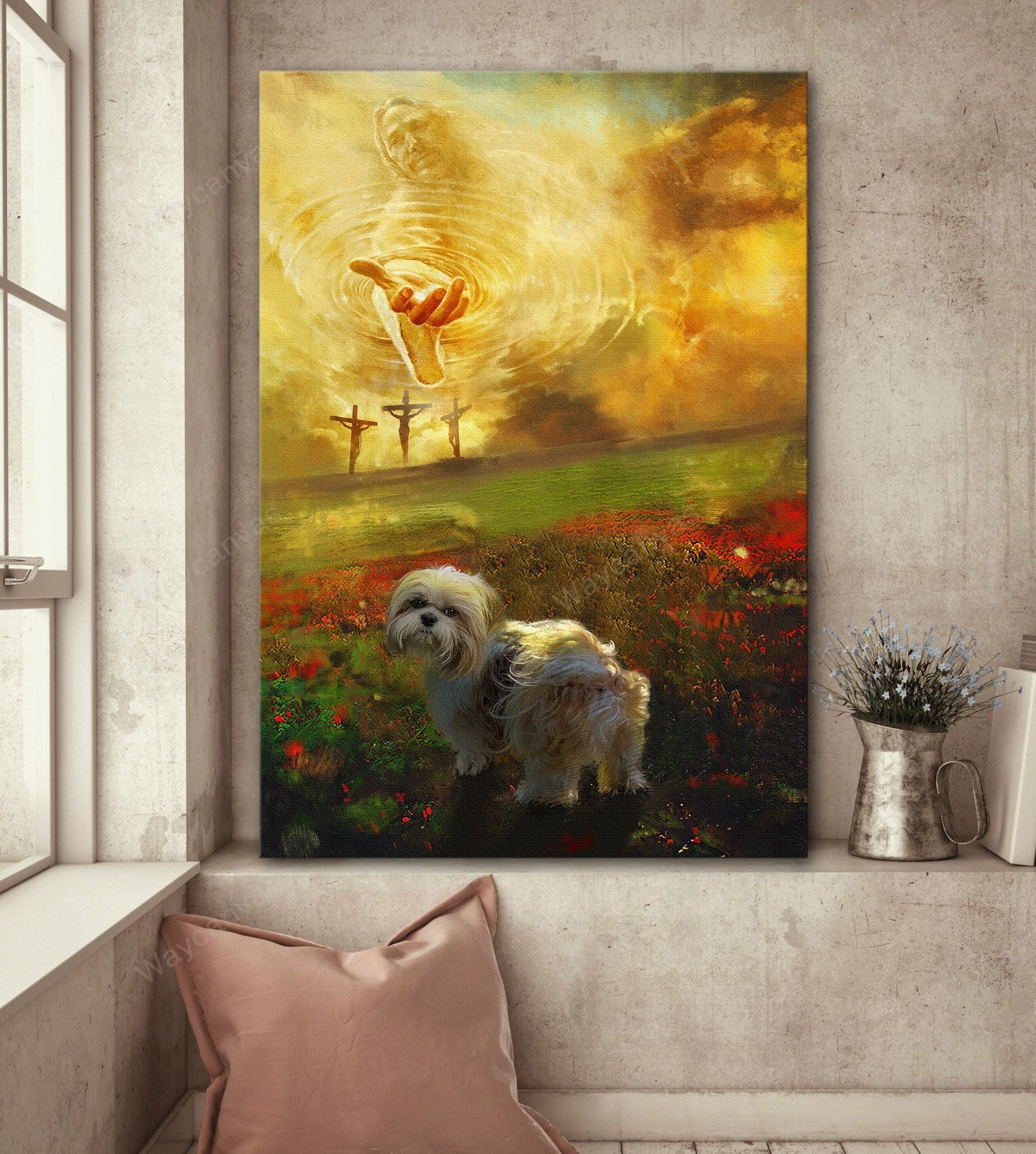 Jesus Painting, Shih Tzu, Flower field, To the beautiful world - Dog Portrait Canvas Prints, Wall Art