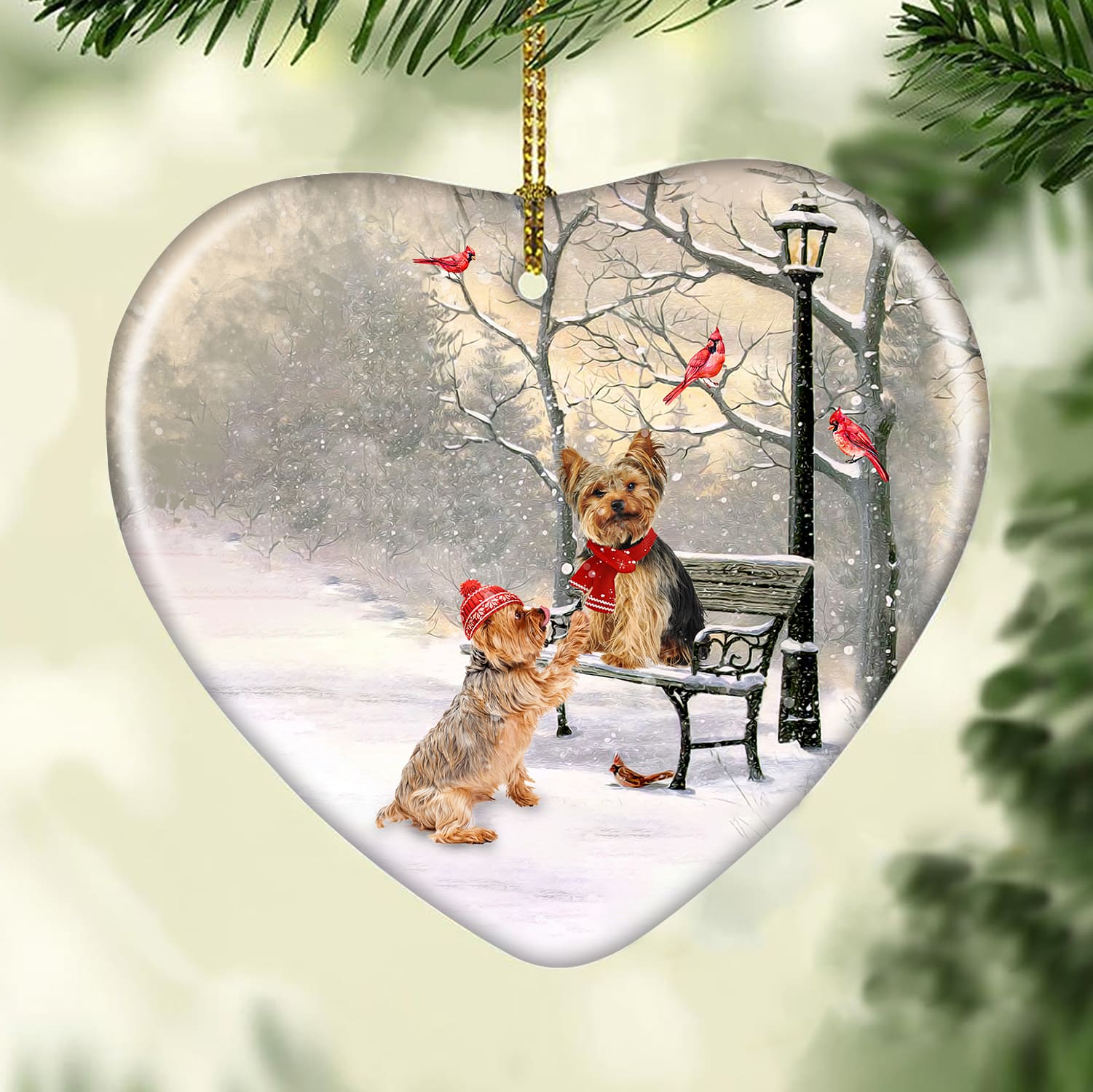 Yorkshire Terrier on Christmas, Dating in winter - Ceramic Heart Ornament