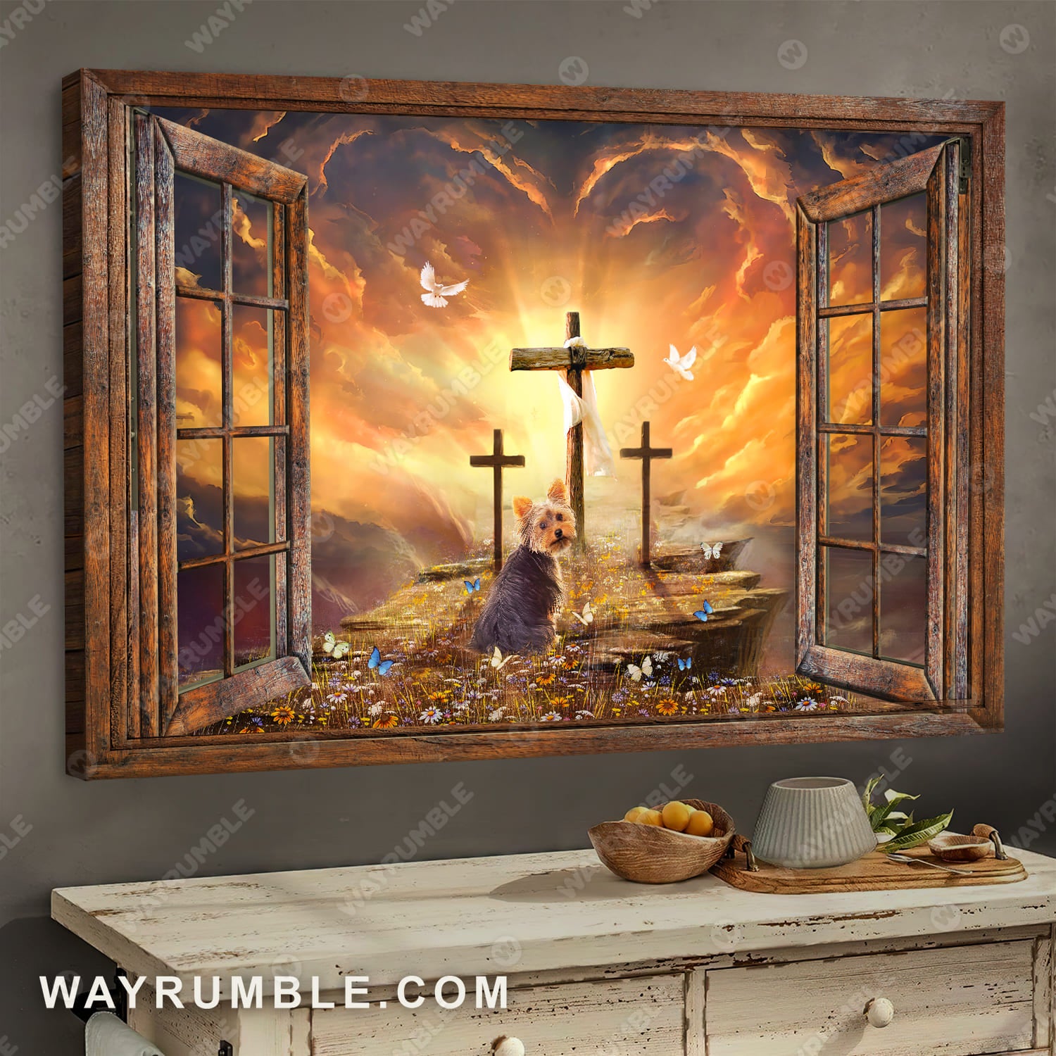 Yorkshire Terrier painting, Window frame, Sunset painting, Path to heaven, The three crosses - Jesus Landscape Canvas Prints, Wall Art