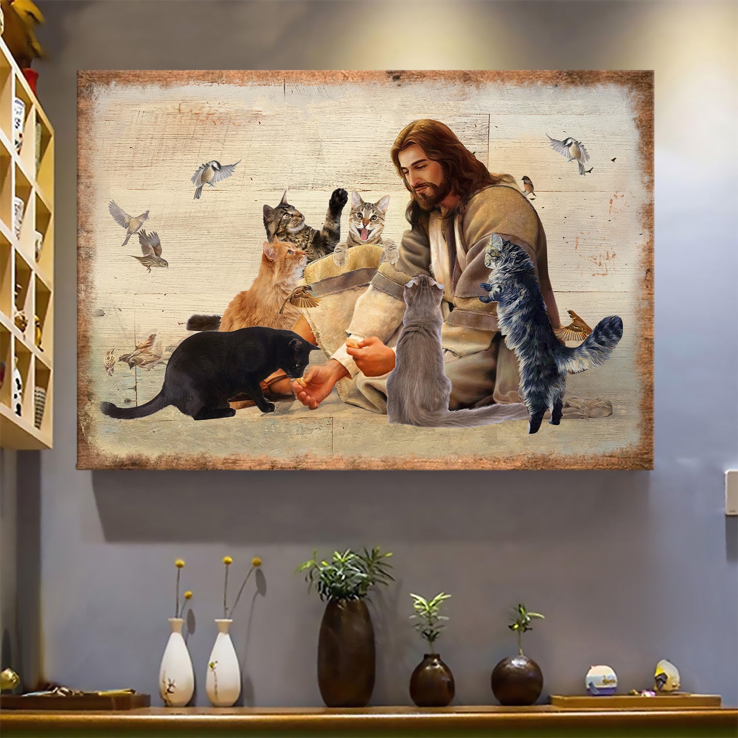 Jesus painting, Playing with cats - Jesus Landscape Canvas Prints, Wall Art