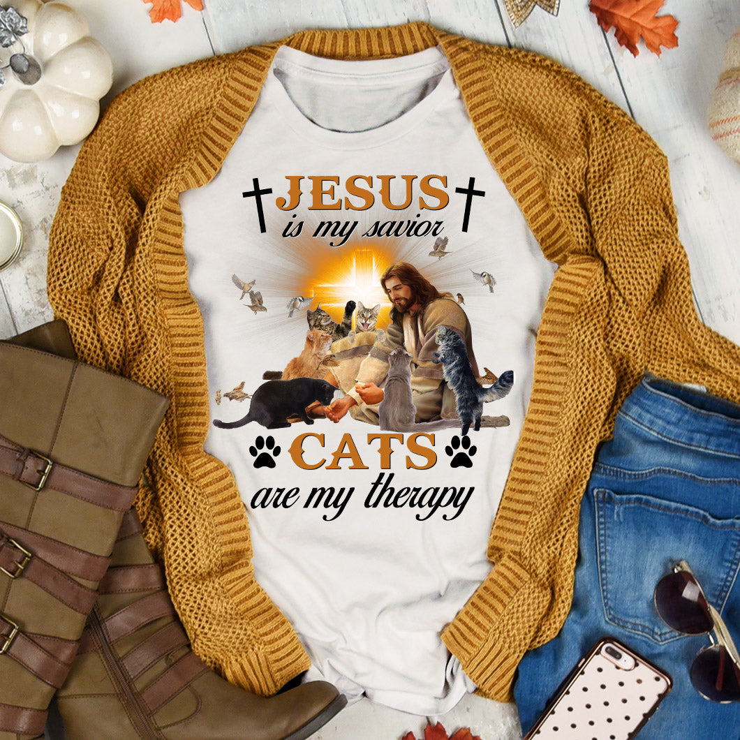 Jesus, Cat, Shining cross - Jesus is my savior, cats are my therapy White Apparel