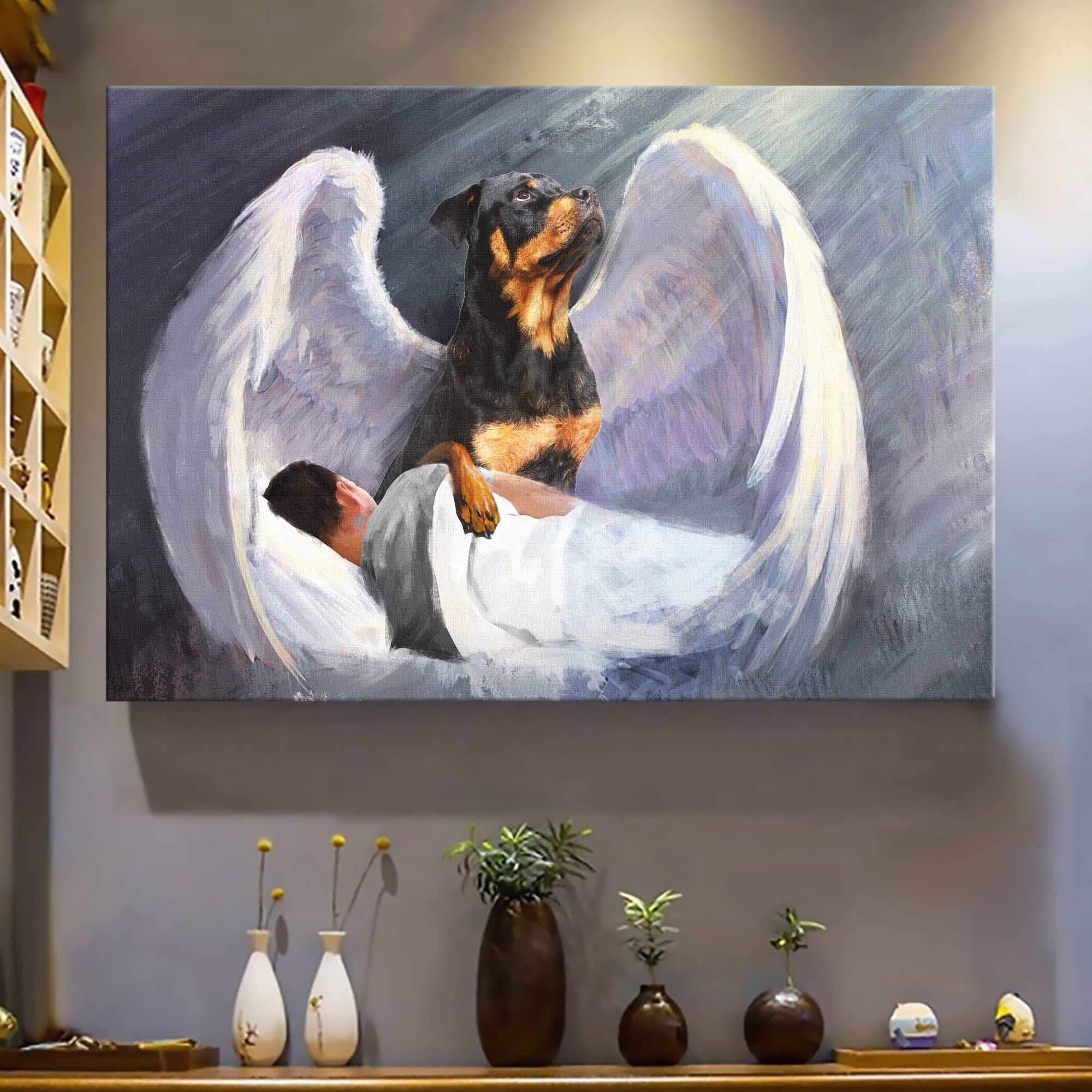 Sleeping man, Rottweiler, Beautiful Wings, I'll protect you - Rottweiler Landscape Canvas Prints, Wall Art