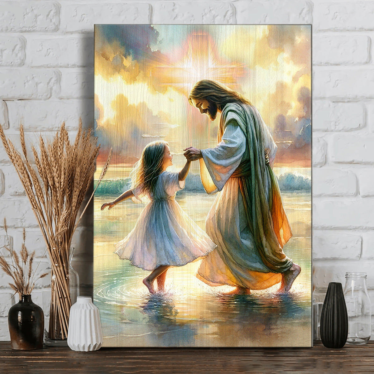 Jesus and Little Girl, Beautiful Colorful Sunset Portrait Canvas Prints, Wall Art