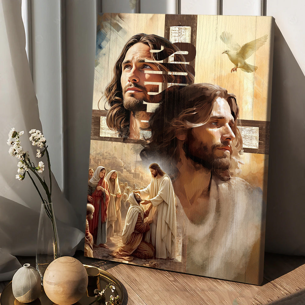 Jesus and the People, Cross, Dove, Christian Portrait Canvas Prints, Wall Art