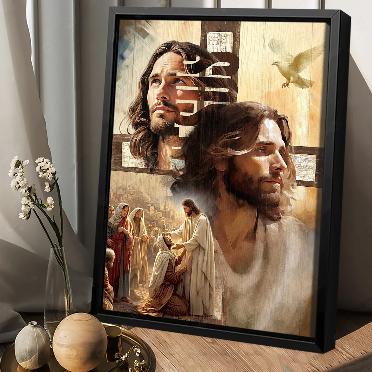 Jesus and the People, Cross, Dove, Christian Portrait Canvas Prints, Wall Art