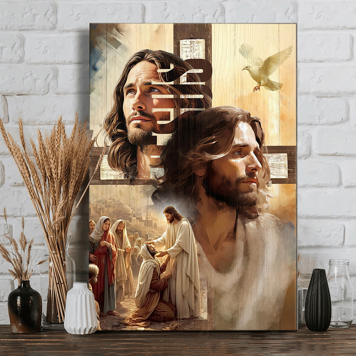 Jesus and the People, Cross, Dove, Christian Portrait Canvas Prints, Wall Art