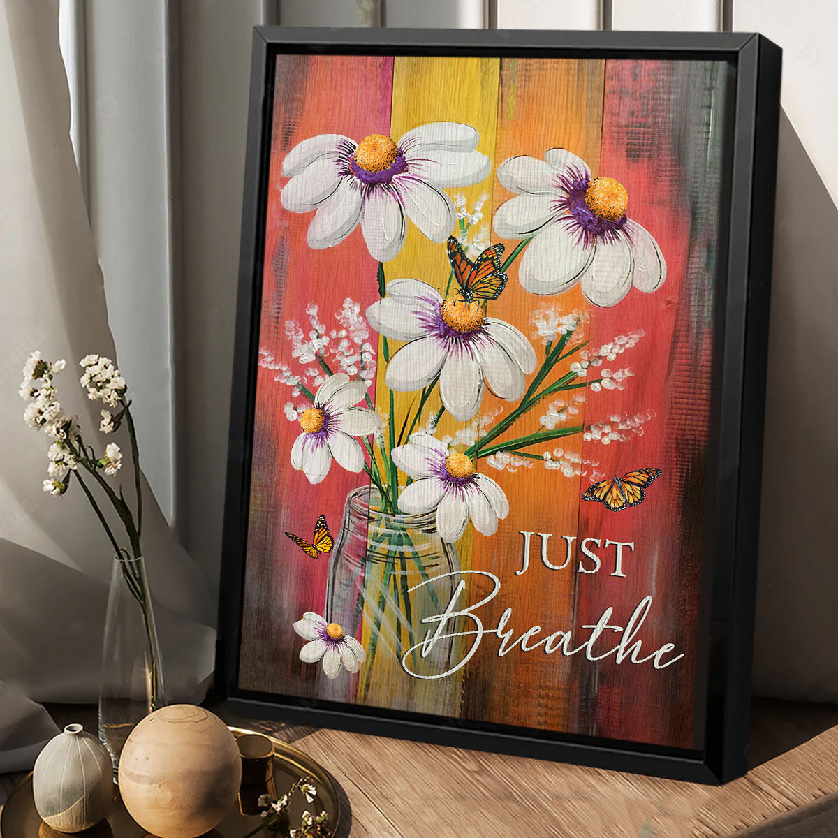 Beautiful flowers, Butterfly - Just Breathe, Jesus Portrait Canvas Prints, Wall Art