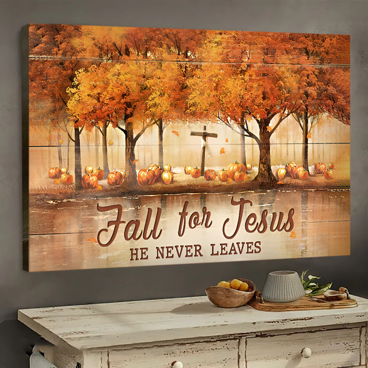 Autumn forest, Pumpkin, Wooden Cross, Fall for Jesus, he never leaves - Jesus Landscape Canvas Prints, Wall Art