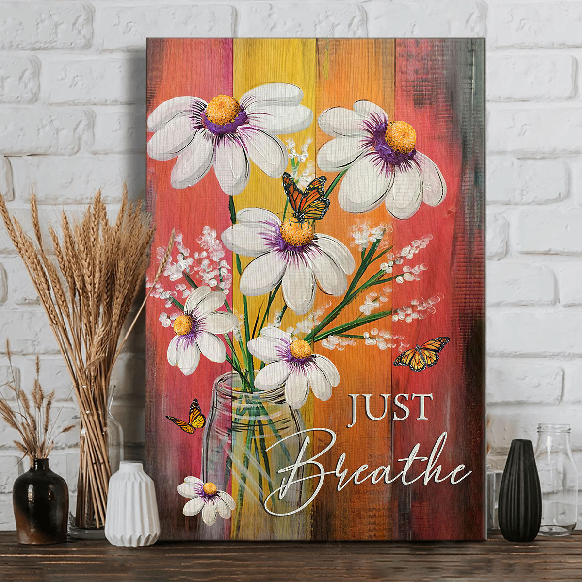 Beautiful flowers, Butterfly - Just Breathe, Jesus Portrait Canvas Prints, Wall Art