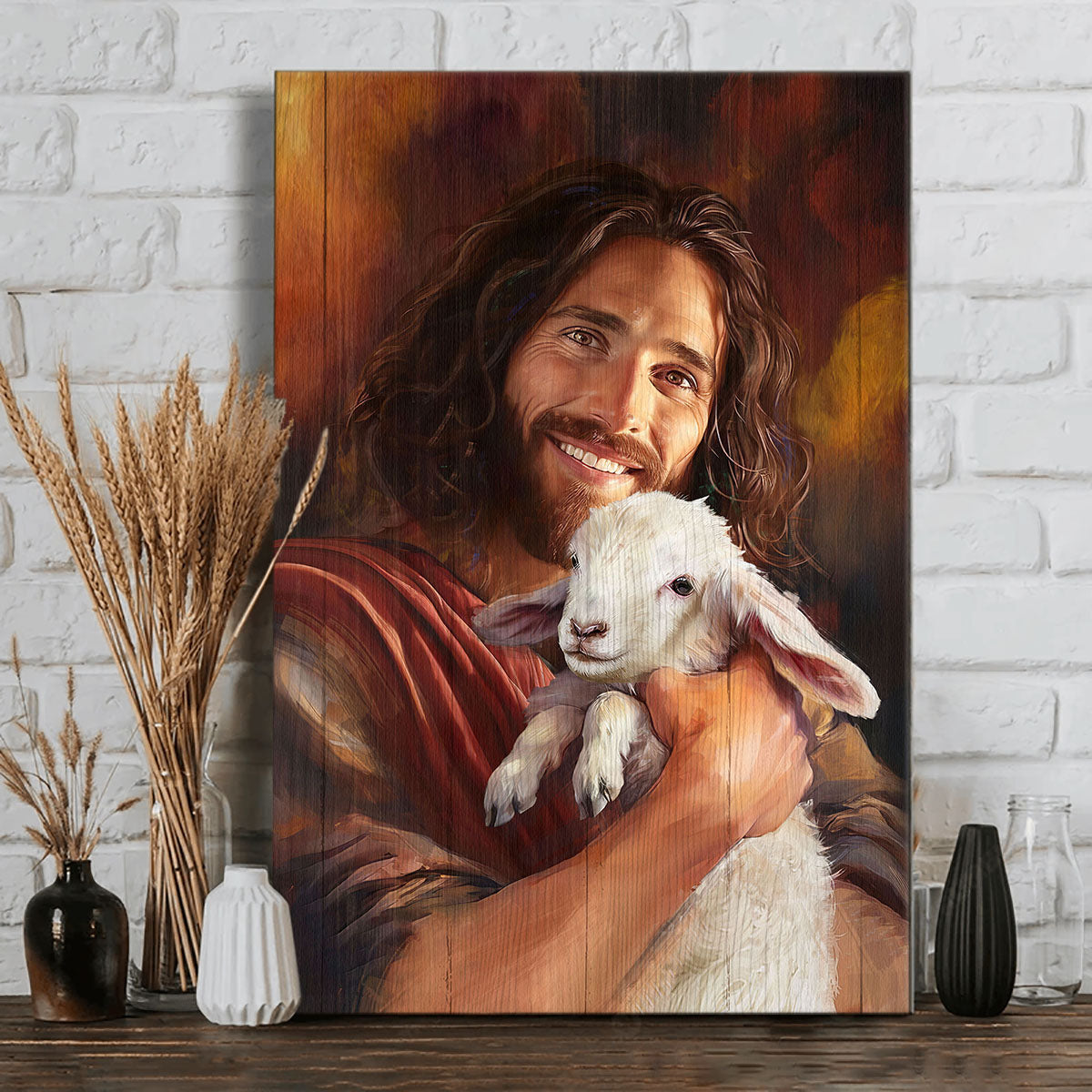 Jesus and Lamb, Beautiful Jesus Portrait Canvas Prints, Wall Art