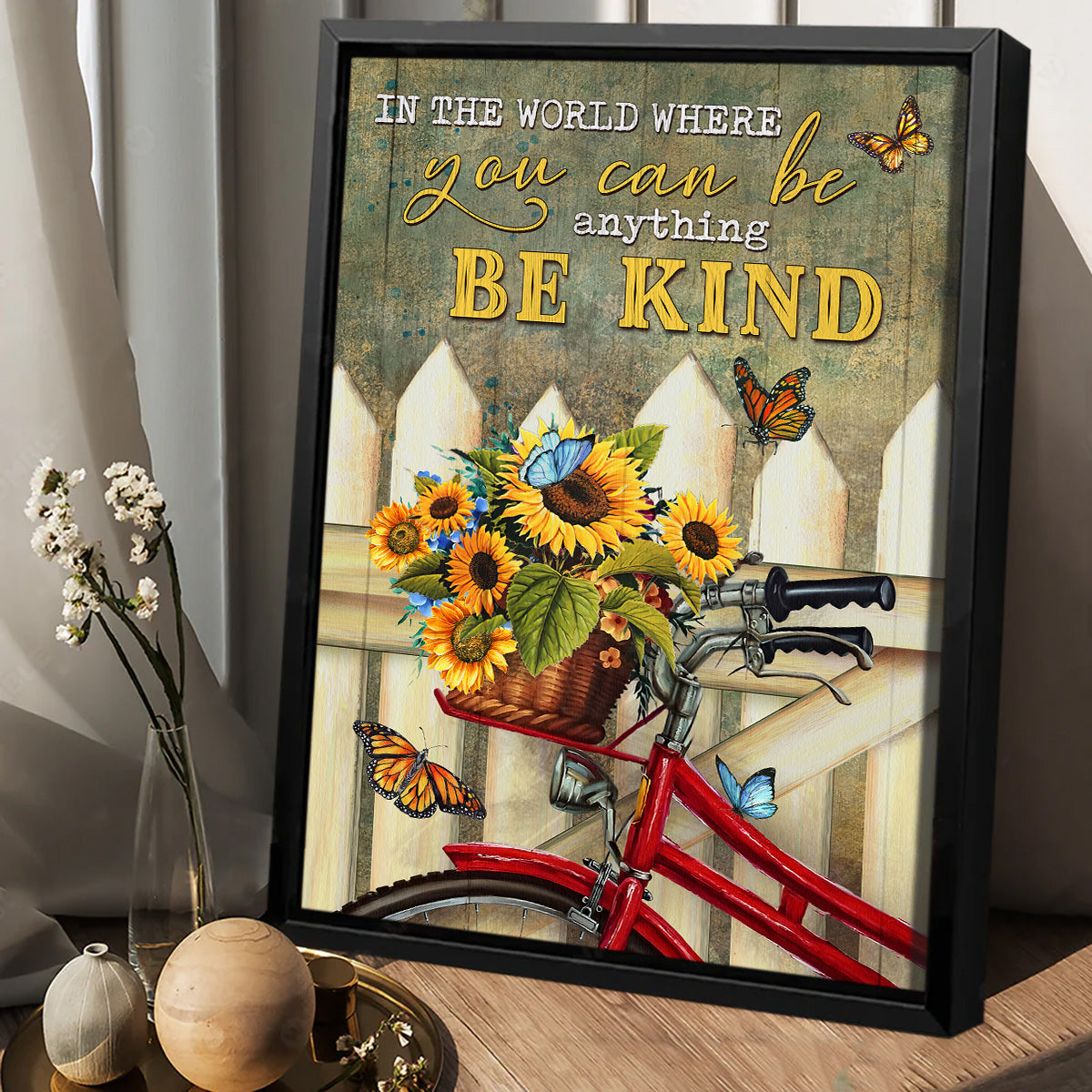 In the world where you can be anything, be kind - Butterfly, Sunflower, Bicycle Portrait Canvas Prints, Wall Art