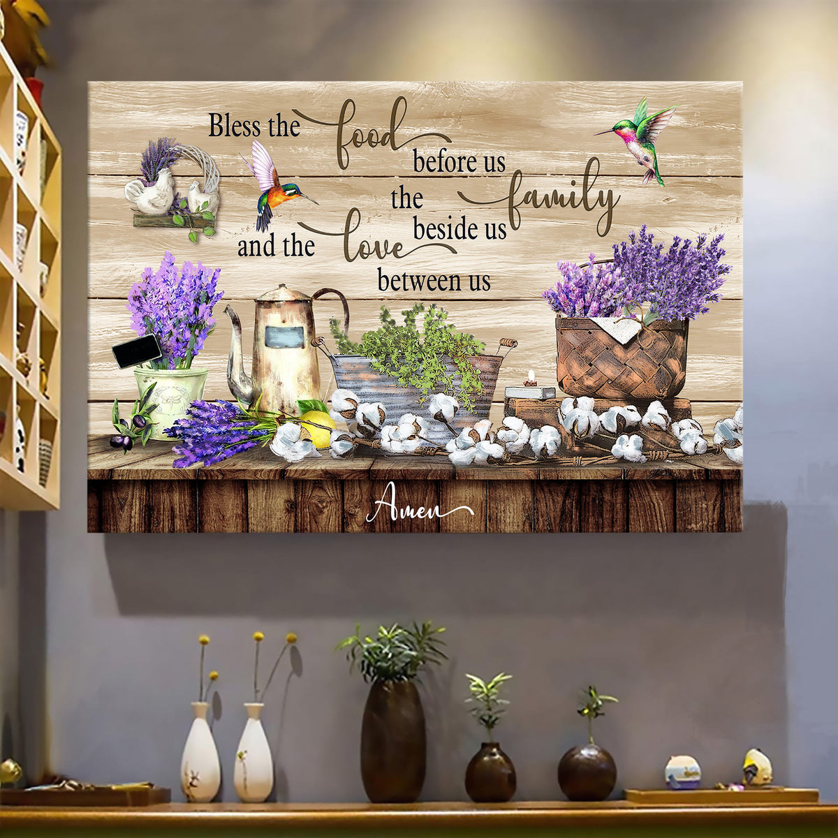 Cotton flower, Lavender painting, Colorful hummingbird, Bless the food before us - Jesus Landscape Canvas Prints, Wall Art