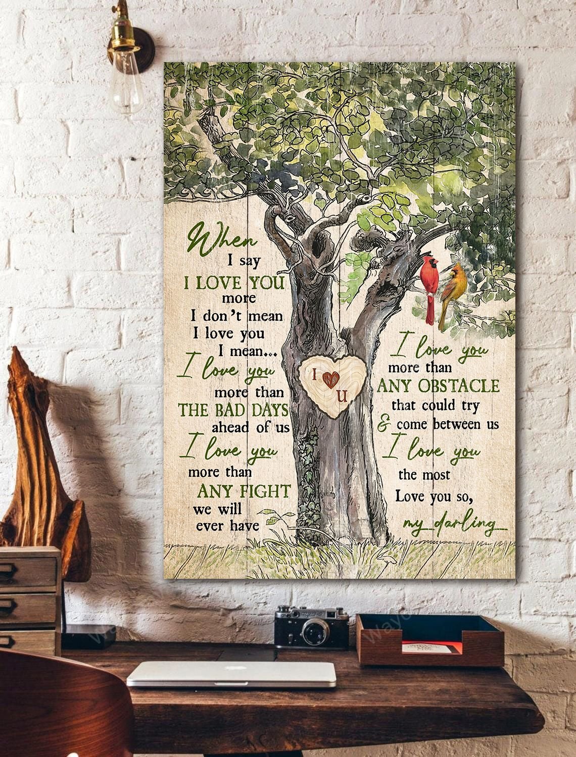 Green tree, Wooden heart, Red cardinal, When I say I love you more - Couple Portrait Canvas Prints, Wall Art