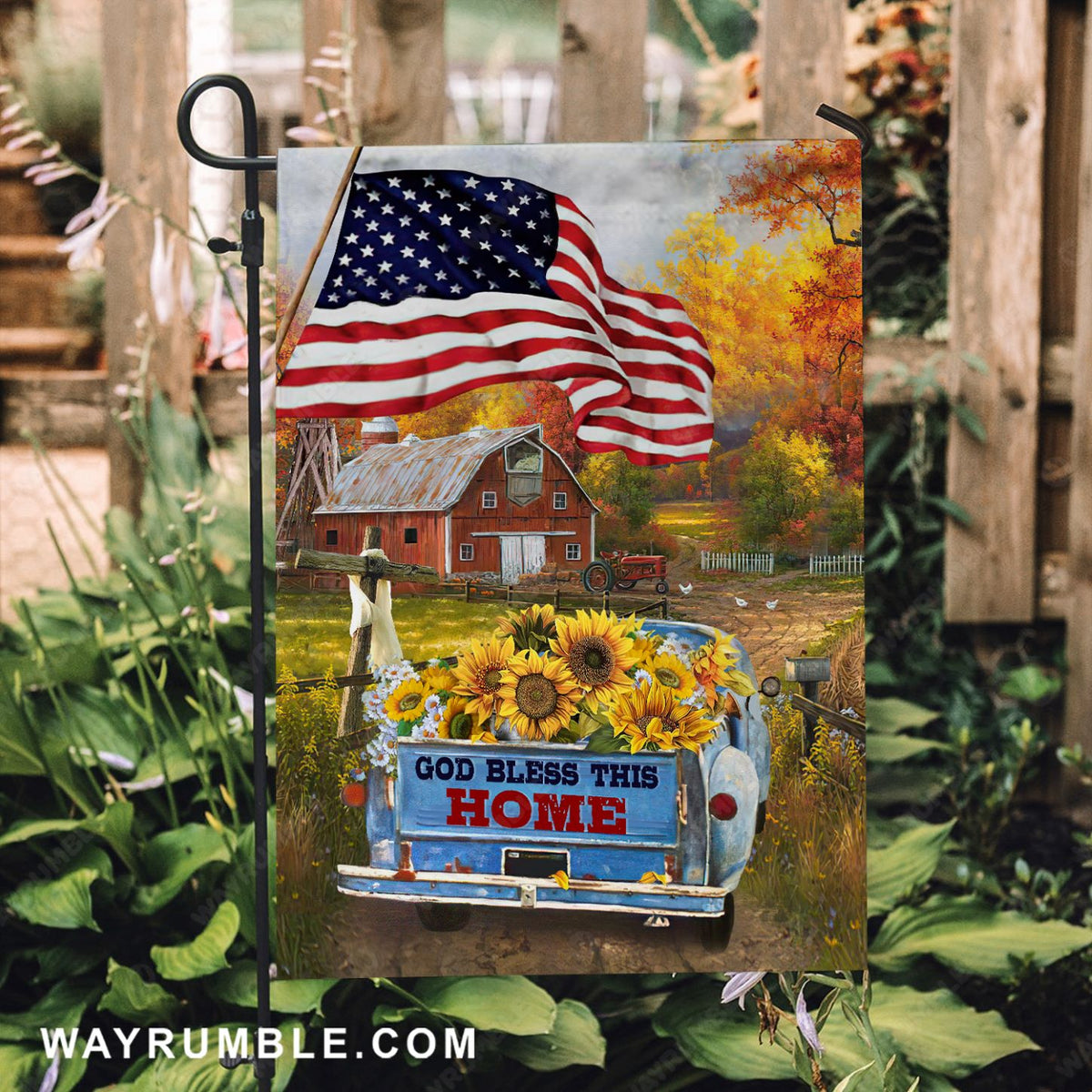 Countryside painting, Sunflower drawing, US flag, Ladybug car, God bless this home - Jesus Flag