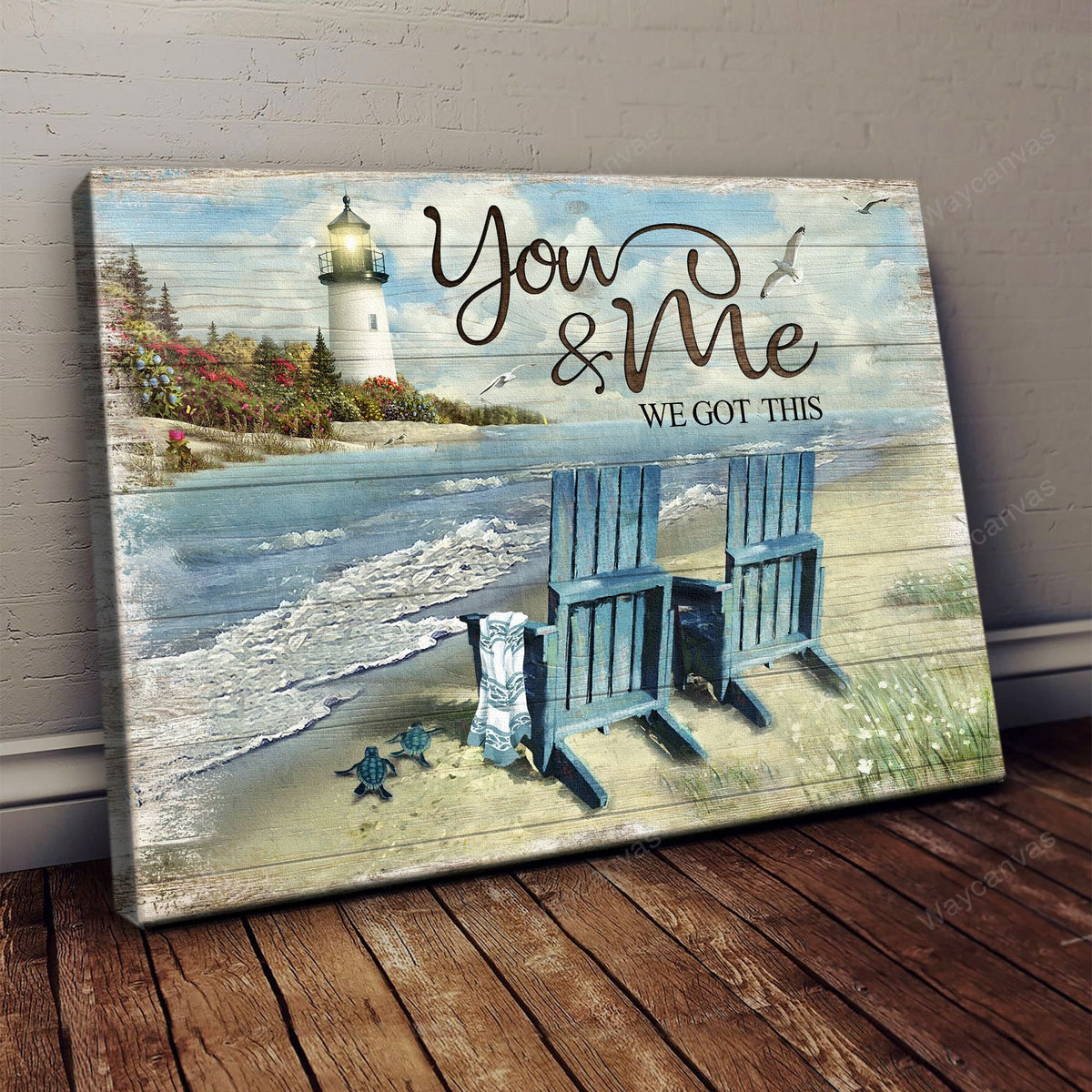 Lighthouse, Couple chair, Little turtle, Sand beach, You &amp; Me We got this - Couple Landscape Canvas Prints, Wall Art