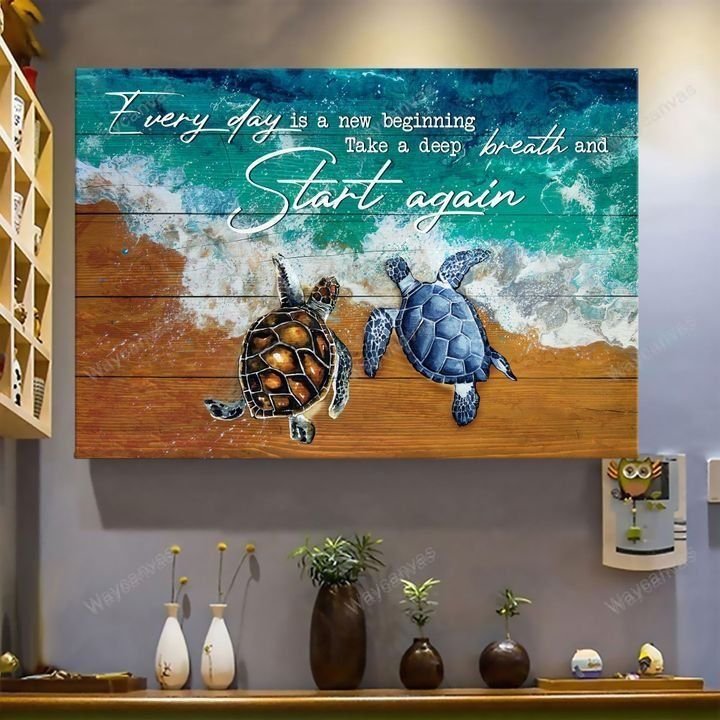 Lucky turtle painting, Blue ocean, Every day is a new beginning - Jesus Landscape Canvas Prints Wall Art