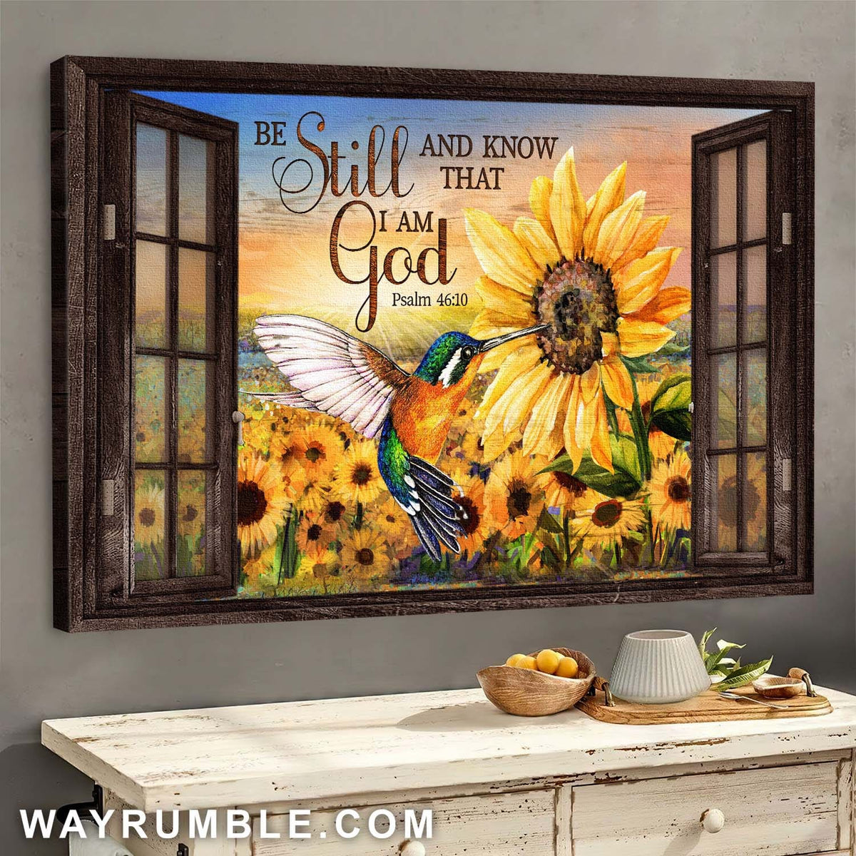 Jesus, Hummingbird, Sunflower field - Be still and know that I am God Landscape Canvas Prints, Wall Art