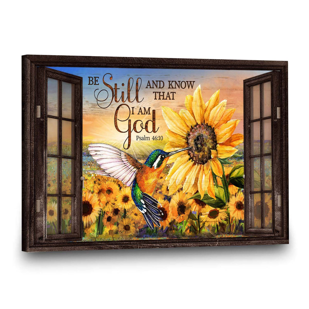 Jesus, Hummingbird, Sunflower field - Be still and know that I am God Landscape Canvas Prints, Wall Art
