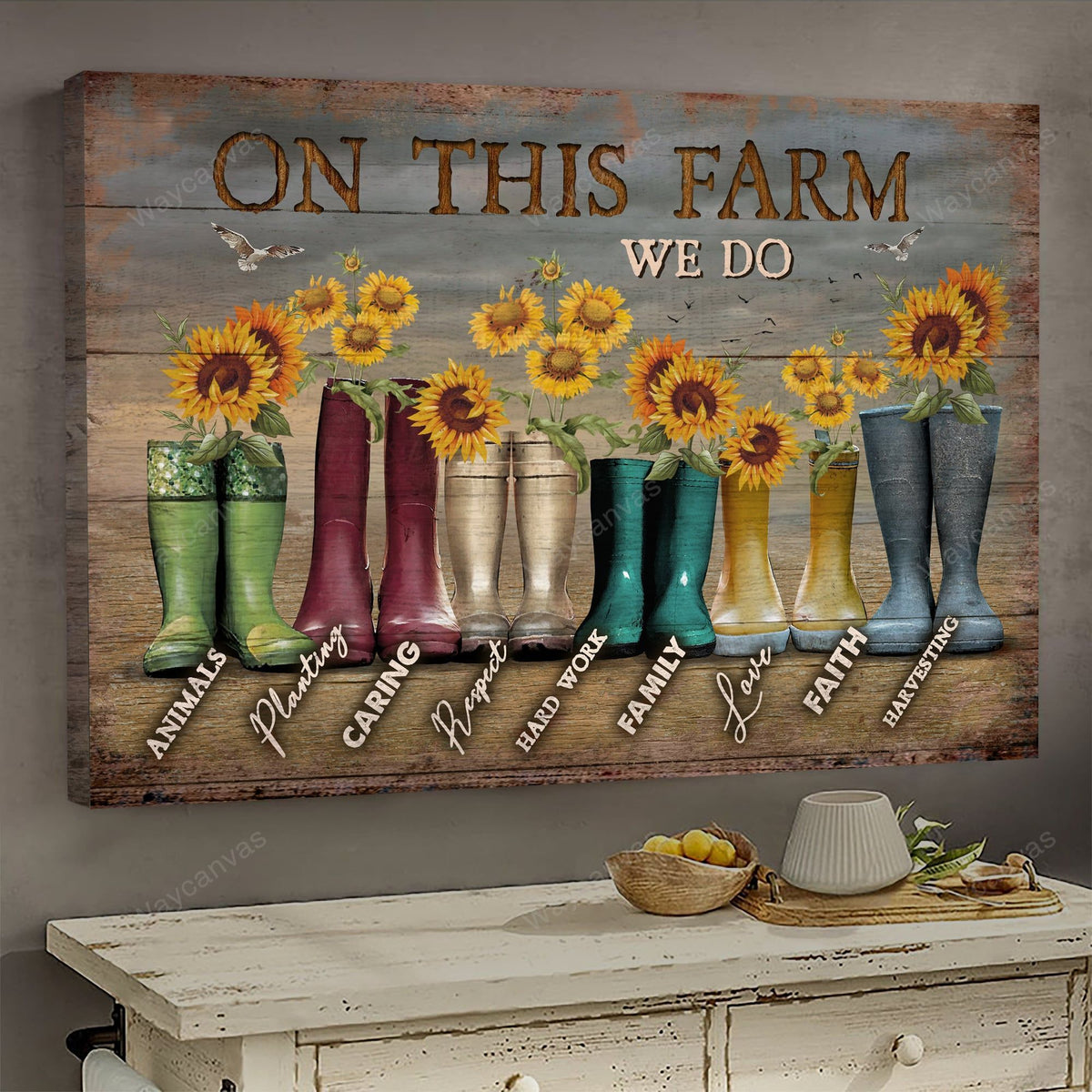 Sunflower, Colorful boots, On this farm we do - Farm Landscape Canvas Prints, Wall Art