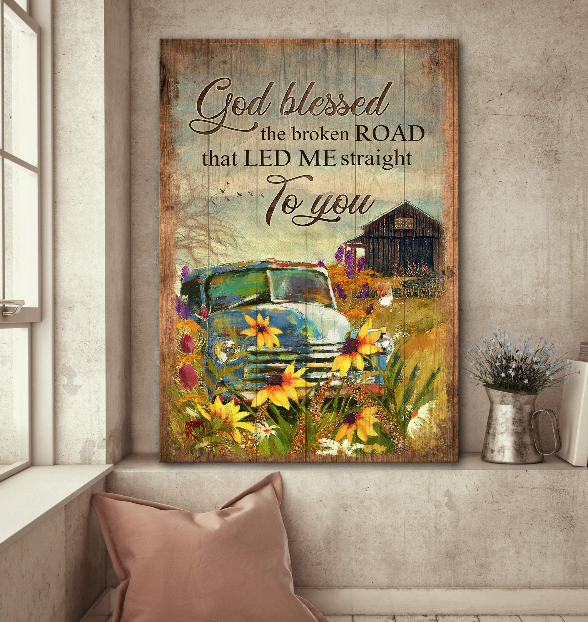 Old Car Painting, Wooden Barn, Sunflower, Farm Landscape, God blessed the road that led me to you - Couple Portrait Canvas Prints, Wall Art