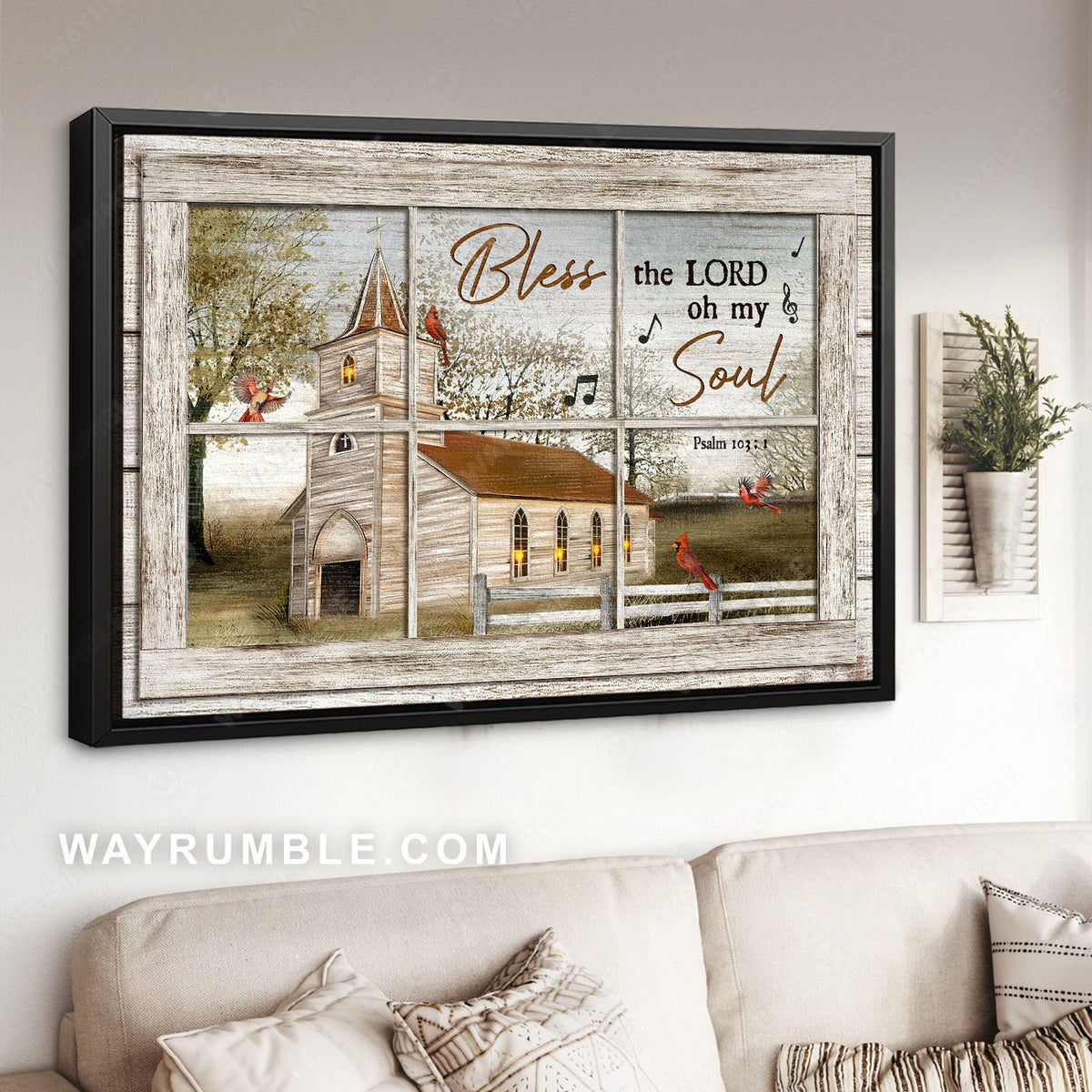Beautiful church, Red cardinals, Green trees, Bless the lord - Jesus Landscape Canvas Prints, Christian Wall Art