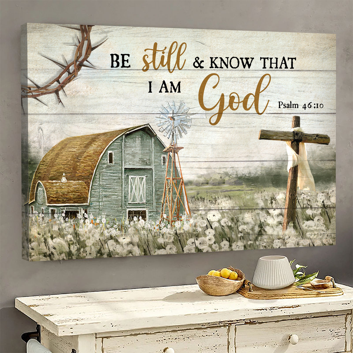 Vintage house painting, Wooden cross, Be still and know that I am God - Jesus Landscape Canvas Prints Wall Art